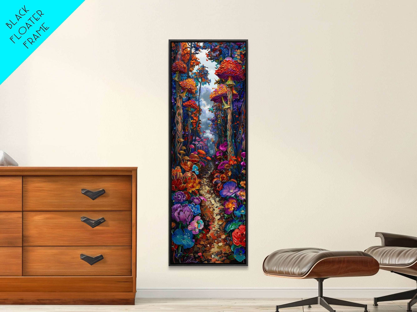 Fantasy Forest Pathway with Giant Mushrooms as Tall Skinny Art Framed Canvas Print for Whimsical Wall Decor in Unique Spaces - 10x30 Inches / Gallery Wrap Canvas - Ready To Hang