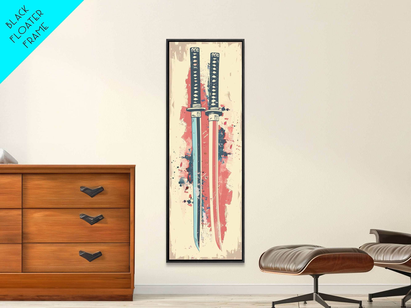 Abstract Samurai Swords Framed Canvas Print Ukiyo-e Art Japanese Style Tall Art Skinny Art Wood Block Print - 10x30 Inches / Gallery Wrap Canvas - Ready To Hang