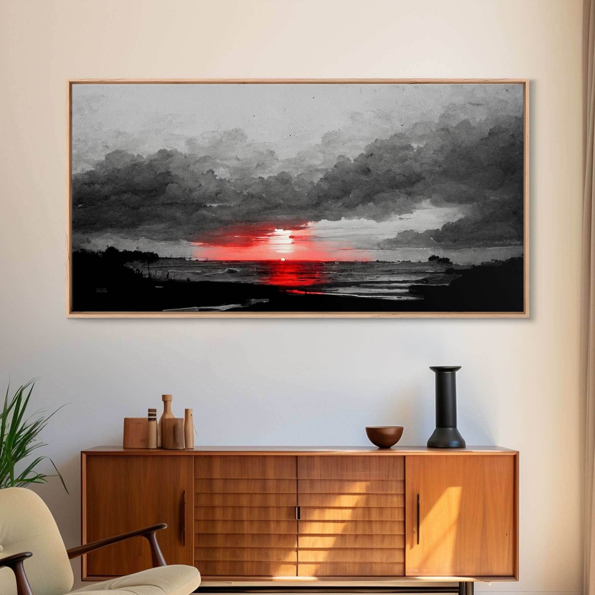 Creepy Blood moon canvas print, dark fantasy art, black and white art, Halloween, spooky art, horror landscape art - 10x20 Inches / Gallery Wrap Canvas - Ready To Hang