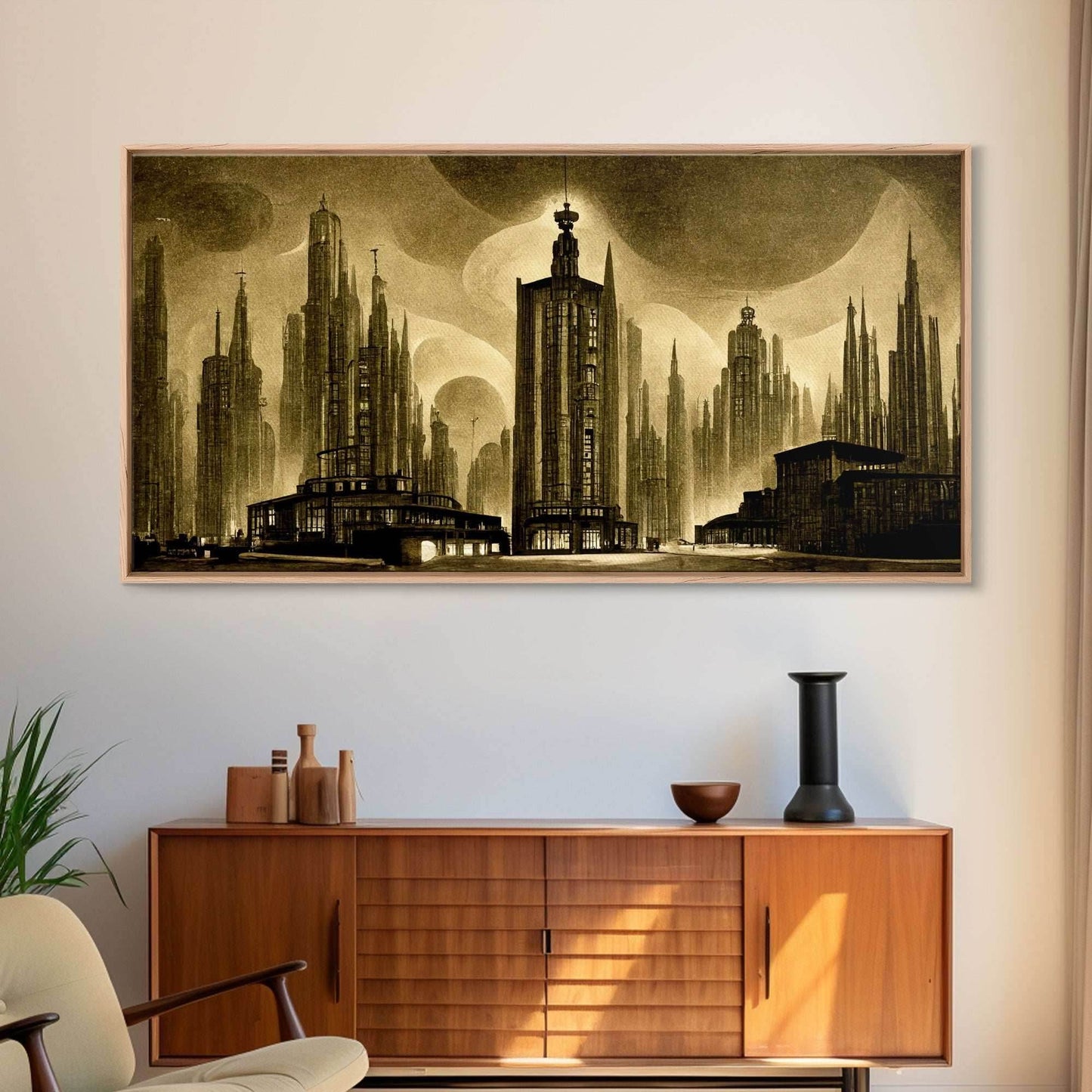 Dystopian Metropolis Art Deco Canvas Print, City Skyline, Fantasy Art, Art Deco Living Room Art, ready to hang wall art - 10x20 Inches / Gallery Wrap Canvas - Ready To Hang