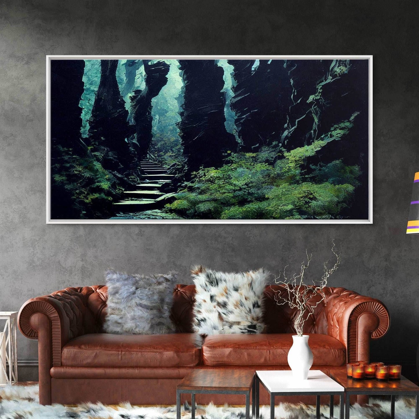 Fantasy Forest with Temple Steps, Wall Decor, Ready To Hang Framed Canvas Print, Oversize Wall Art - 10x20 Inches / Gallery Wrap Canvas - Ready To Hang