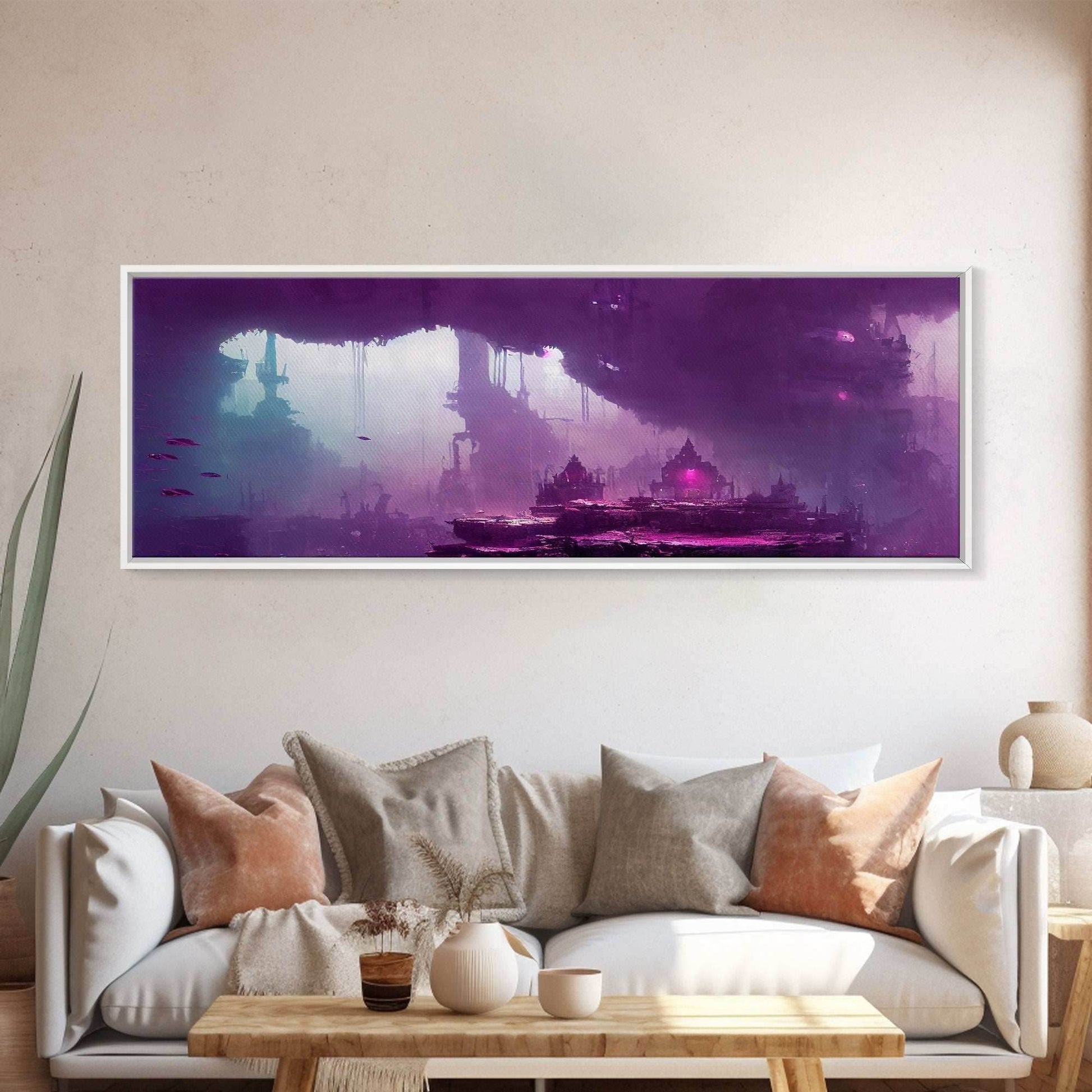 Panoramic Fantasy Underwater City, Purple Art, Extra Large Wall Art, Framed Panoramic Canvas Print, Framed Wall Decor - 10x30 Inches / Gallery Wrap Canvas - Ready To Hang