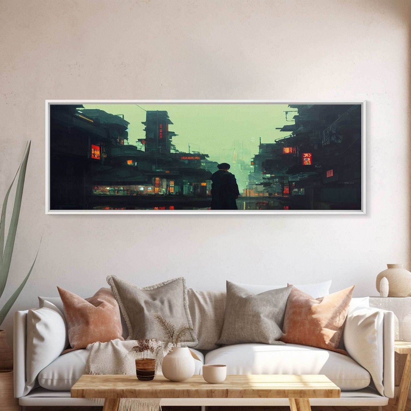 80s style Cyberpunk Japanese City, Retro Punk Tokyo, Framed Canvas Print, Framed Wall Art, Large Panoramic Wall Decor - 10x30 Inches / Gallery Wrap Canvas - Ready To Hang