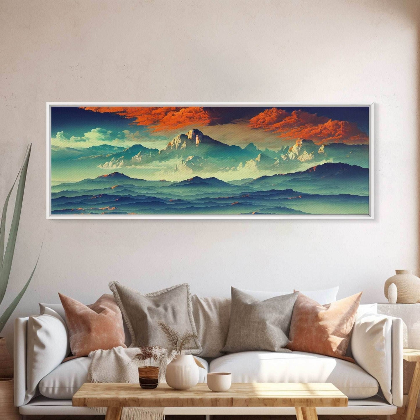 Beautiful Fantasy Mountain Landscape With Orange Clouds, Framed Canvas Print, Ready To Hang Panoramic Wall Decorr - 10x30 Inches / Gallery Wrap Canvas - Ready To Hang