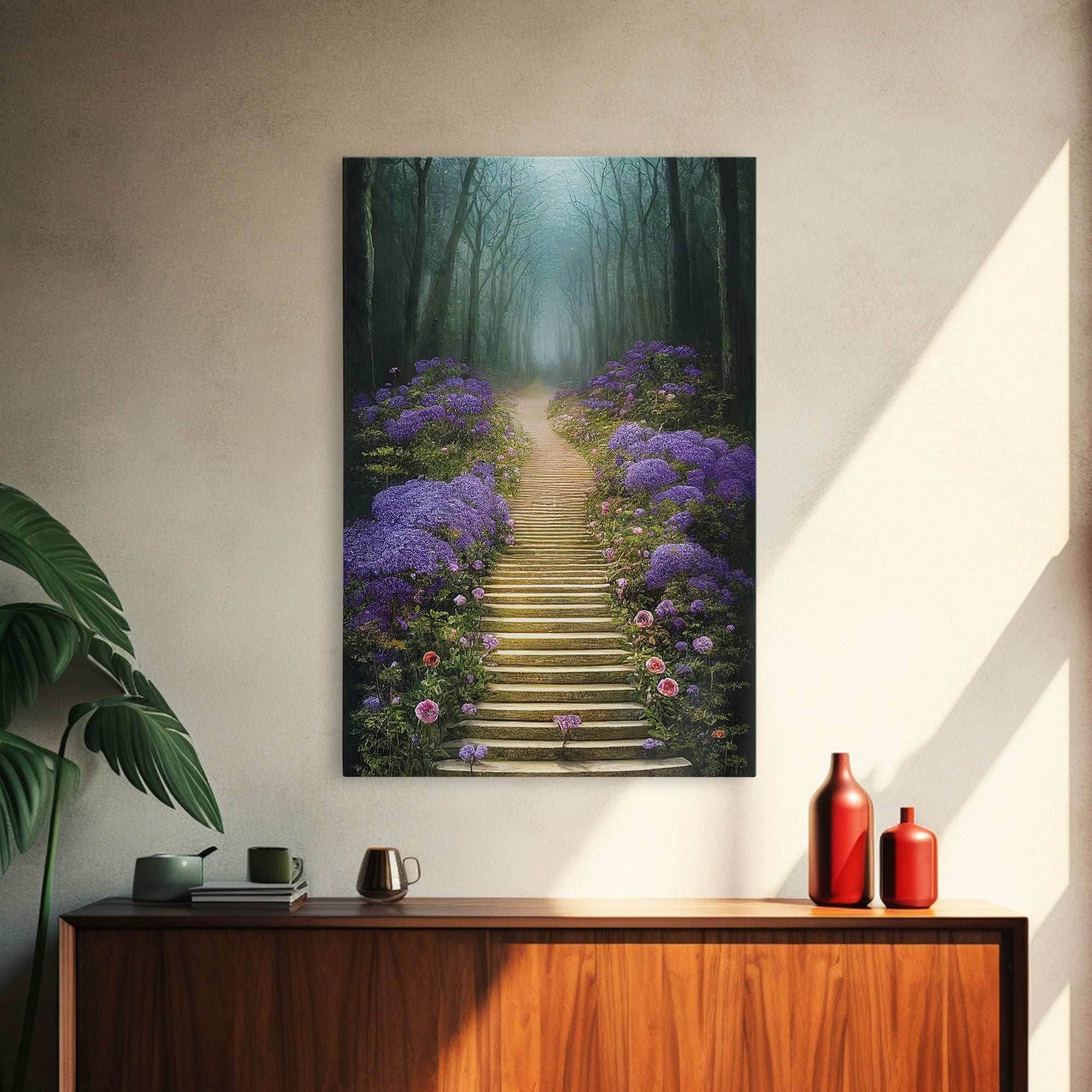 Lavender Lined Stairs Leading To The Haunted Forest, Fantasy Wall Art, framed canvas print, framed art - 8x12 Inches / Gallery Wrap Canvas - Ready To Hang