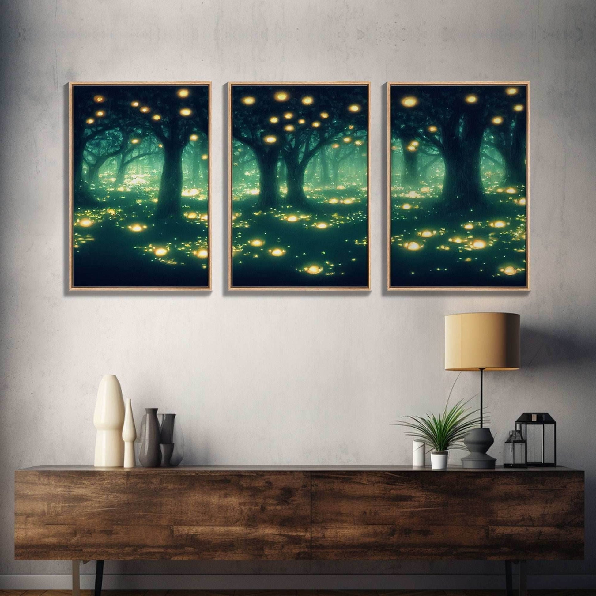 Fantasy forest wall decor, ready to hang 3 piece canvas print, 3 piece wall art, firefly wall art, Fireflies In A Fairy Forest at Night - 8x12 In. - 3 Pieces / Stretched Canvas