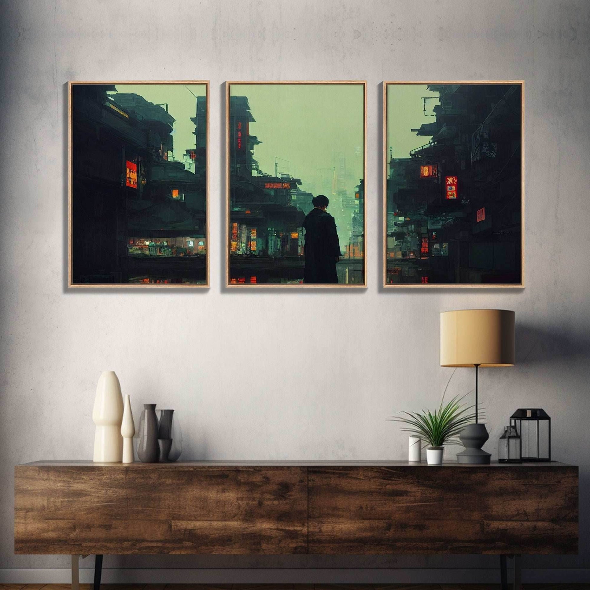 80s Style Cyberpunk Tokyo, Retrofuturism, Dystopian art, 3 piece wall art, 3 piece canvas print - 8x12 In. - 3 Pieces / Stretched Canvas