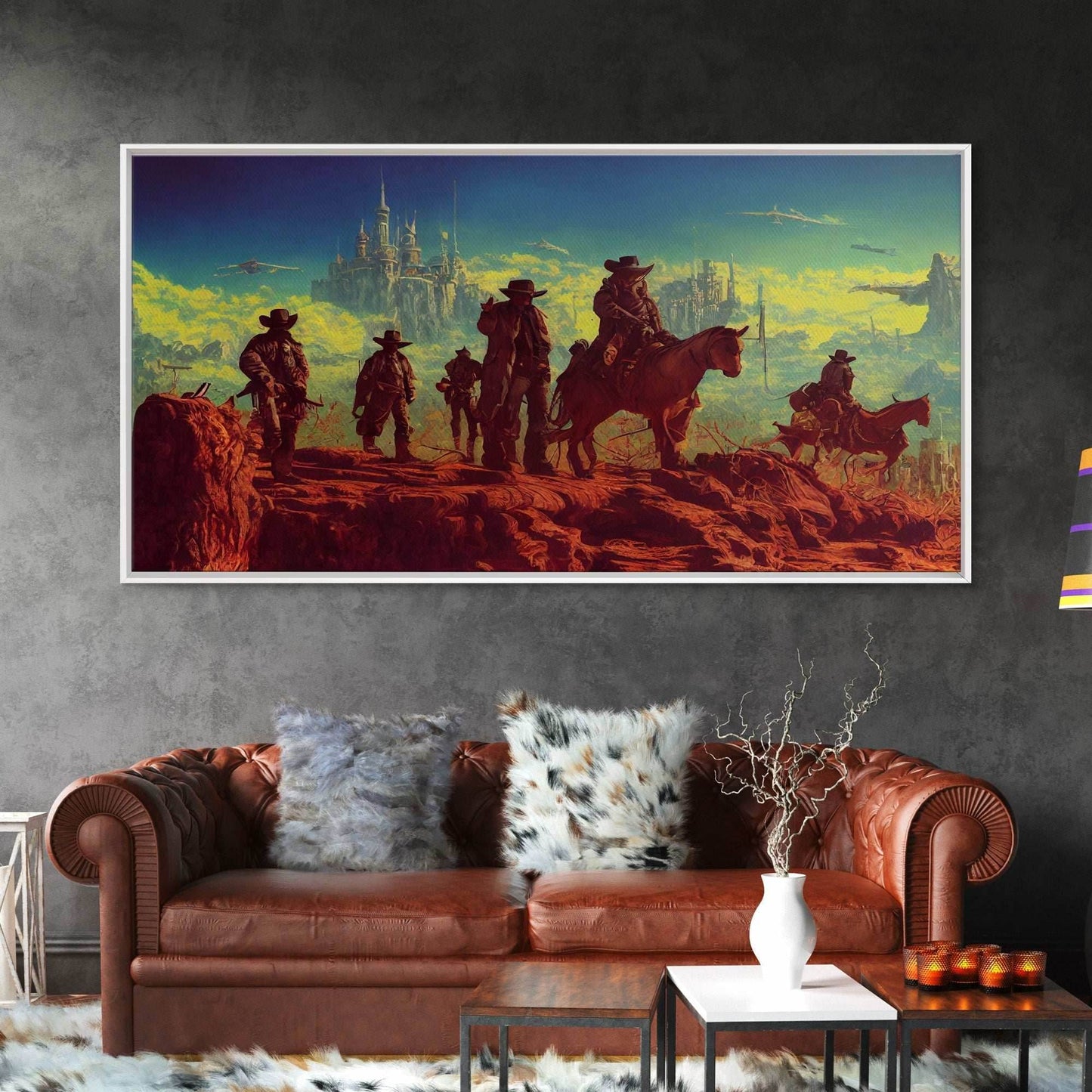 Space Cowboys, Wildwest Scifi Mashup Fantasy Art, framed canvas print, ready to hang framed wall art - 10x20 Inches / Gallery Wrap Canvas - Ready To Hang