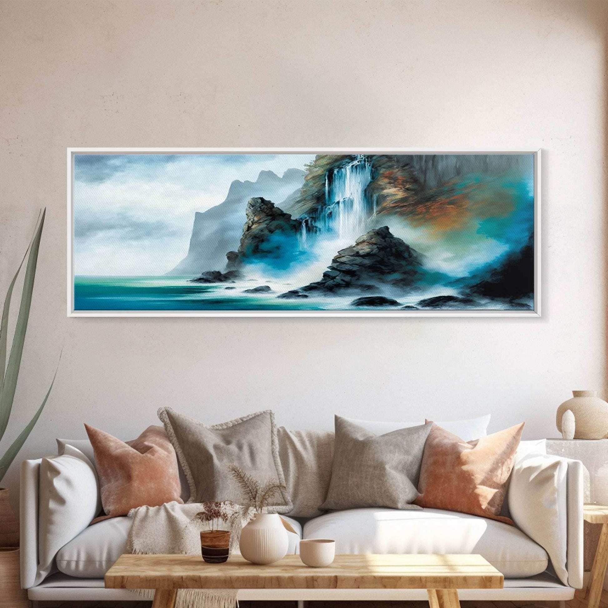 Fantasy Waterfall Canvas Print - Panoramic Landscape Painting - Perfect for Living Room and Bedroom Decor - 10x30 Inches / Gallery Wrap Canvas - Ready To Hang