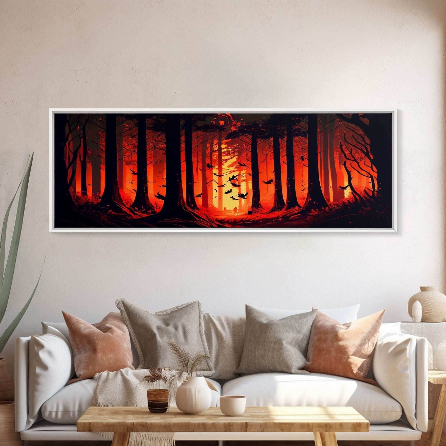 Forest Landscape Art, Forest Fire, Fall / Autumn Decor, Panoramic Wall Art, Framed Canvas Print, Orange and Yellow Fantasy Forest - 10x30 Inches / Gallery Wrap Canvas - Ready To Hang