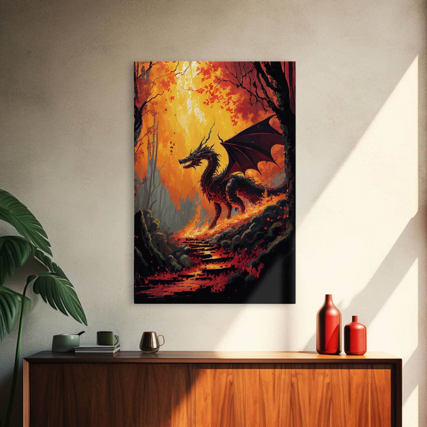 Dragon standing in a burned forest, fantasy art, fine art poster print - 8x12 Inches / Gallery Wrap Canvas - Ready To Hang