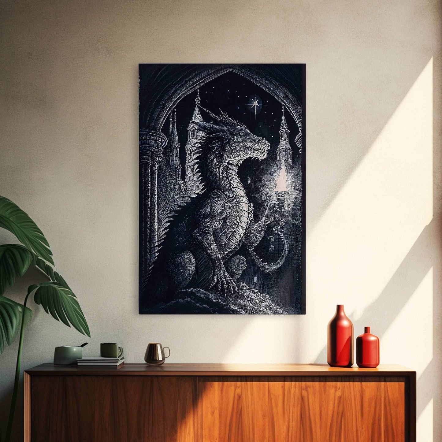 Black and white fantasy dragon, framed canvas print - 8x12 Inches / Gallery Wrap Canvas - Ready To Hang