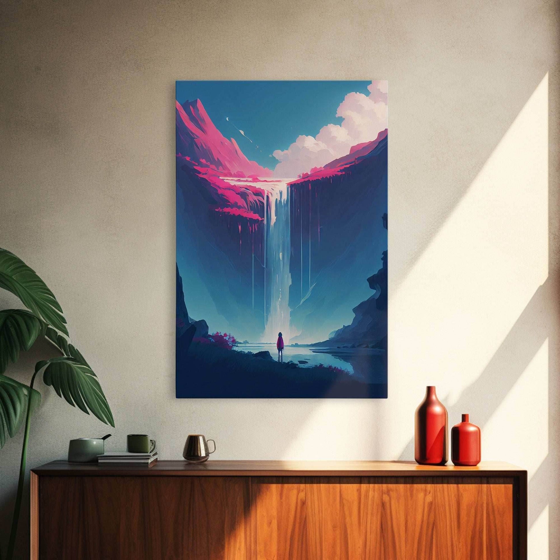 Mystical Fantasy Waterfall Purple Blue Wall Art Canvas Print - Vibrant Colorful Nature Scene Artwork - 8x12 Inches / Gallery Wrap Canvas - Ready To Hang