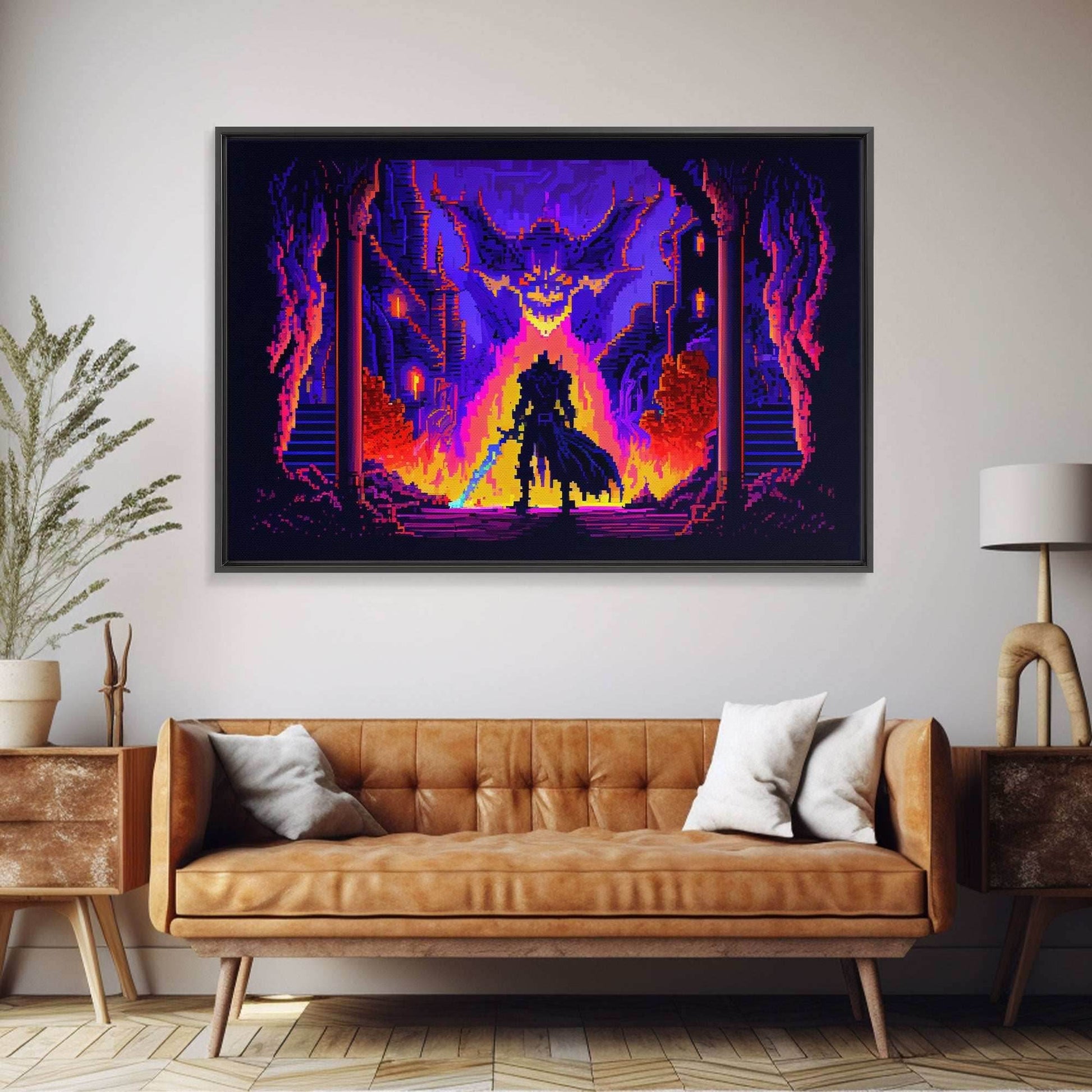 8 bit Pixel art, RPG video game concept art, Paladin faces the Dragon, synthwave style, framed canvas print - 8x12 Inches / Gallery Wrap Canvas - Ready To Hang