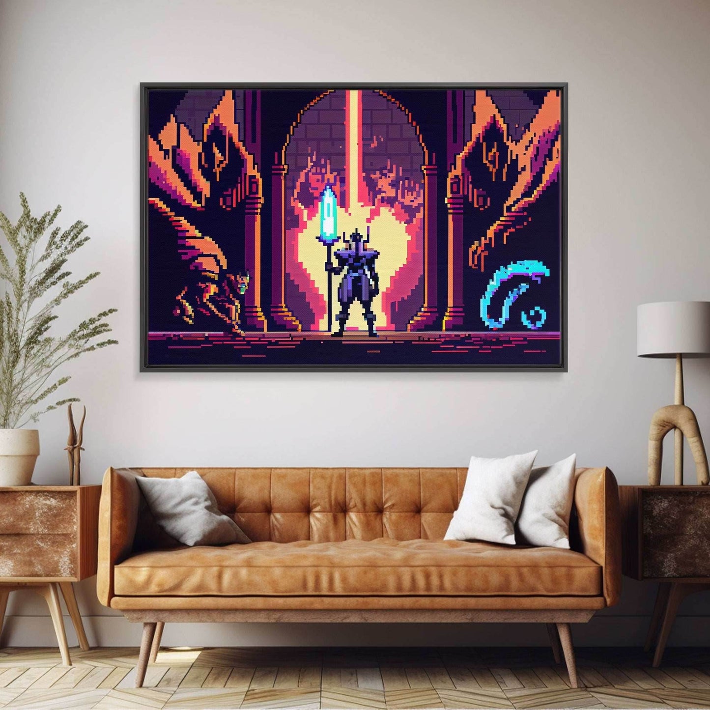 RPG pixel art, fantasy pixel art, Paladin Templar Art, synthwave style, framed canvas print, man cave art - 8x12 Inches / Gallery Wrap Canvas - Ready To Hang