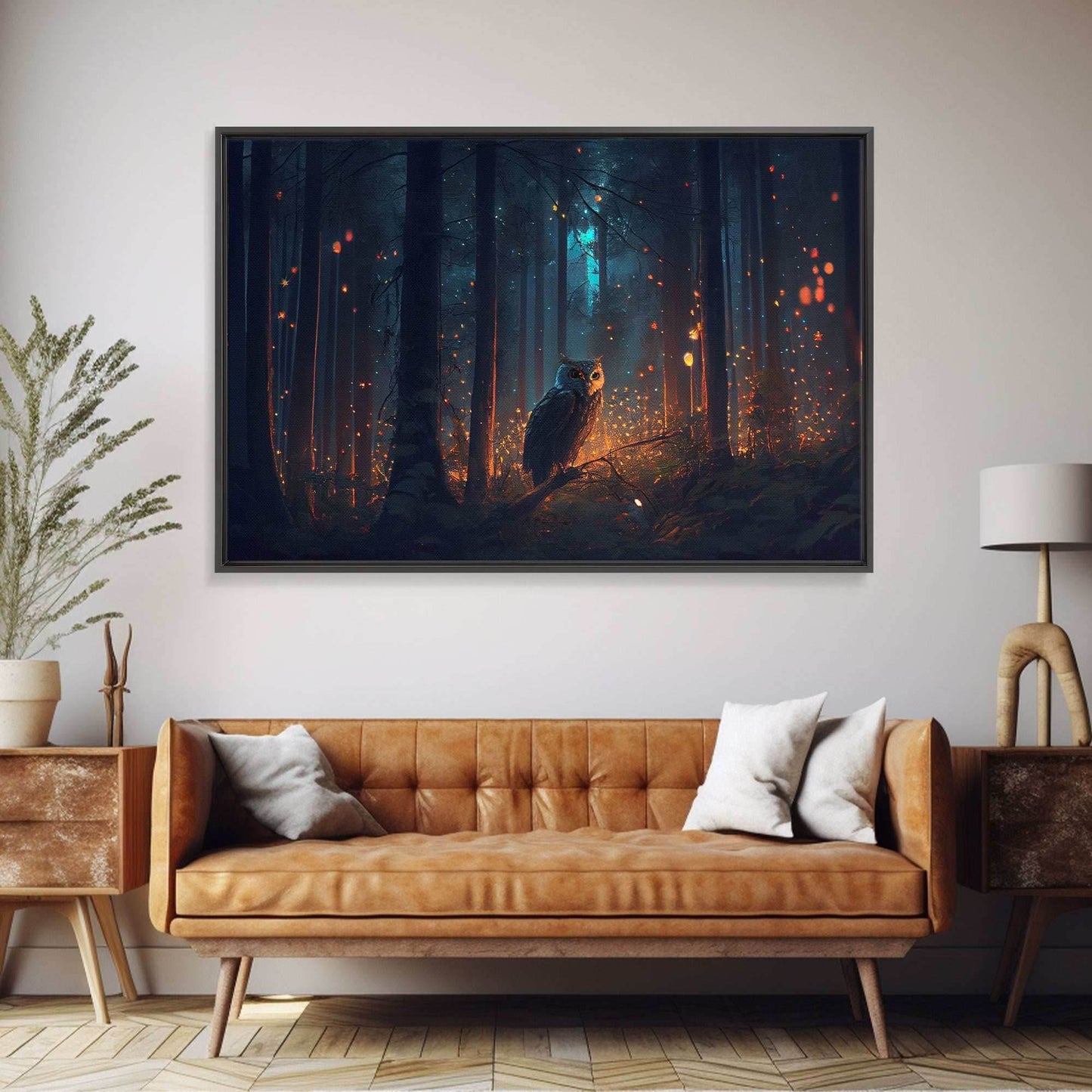 Fantasy forest art, Fireflies and the owl at midnight, framed canvas art, framed canvas print - 8x12 Inches / Gallery Wrap Canvas - Ready To Hang