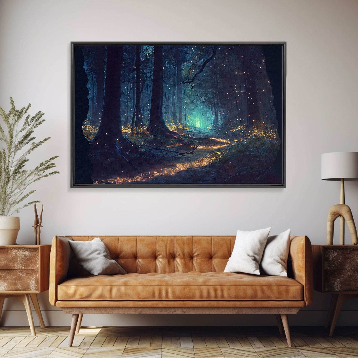 The magical enchanted forest is lit brightly with fireflies at night, framed canvas print, fantasy art - 8x12 Inches / Gallery Wrap Canvas - Ready To Hang