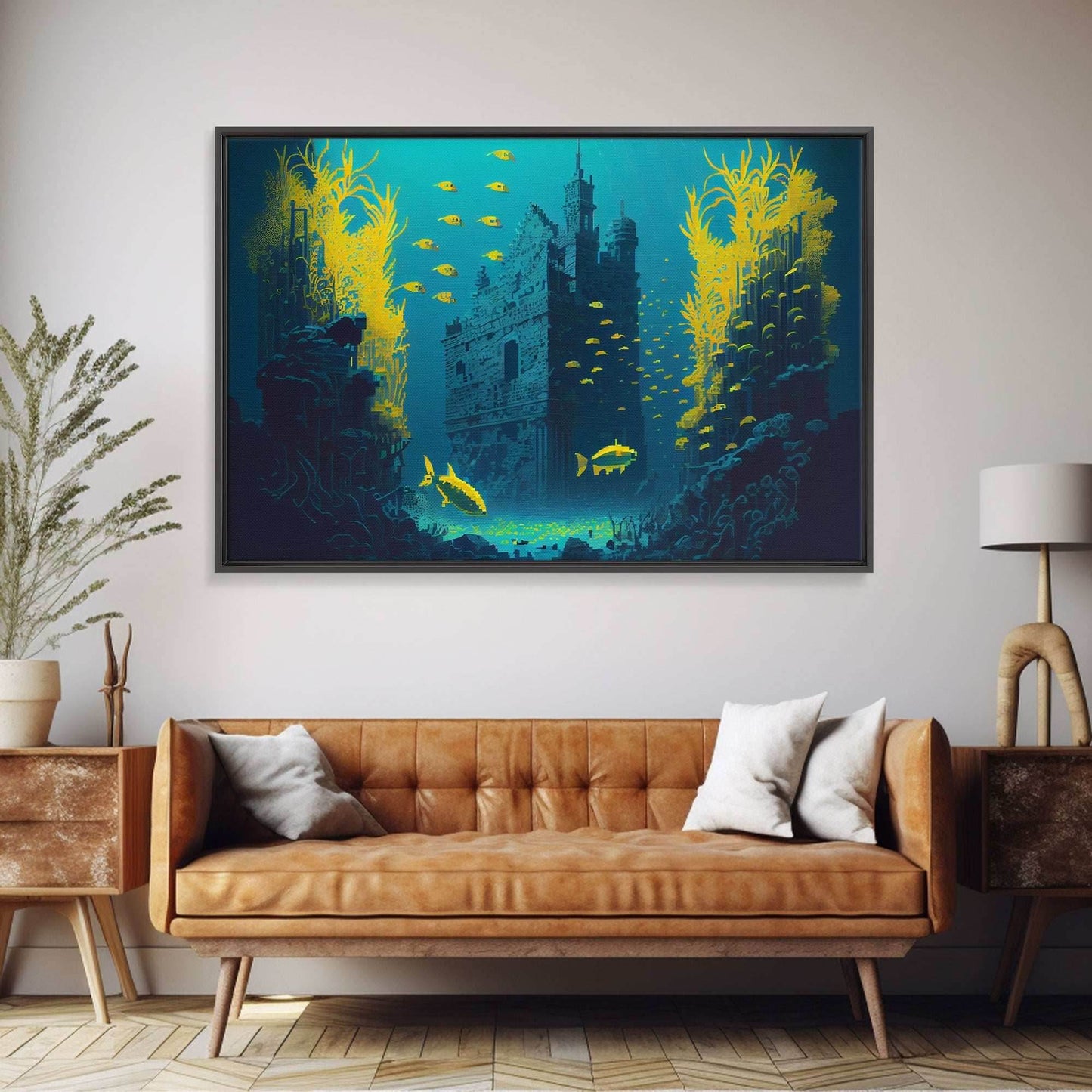 Underwater castle fantasy art, 8 bit pixel art for videogame room, framed canvas print - 8x12 Inches / Gallery Wrap Canvas - Ready To Hang