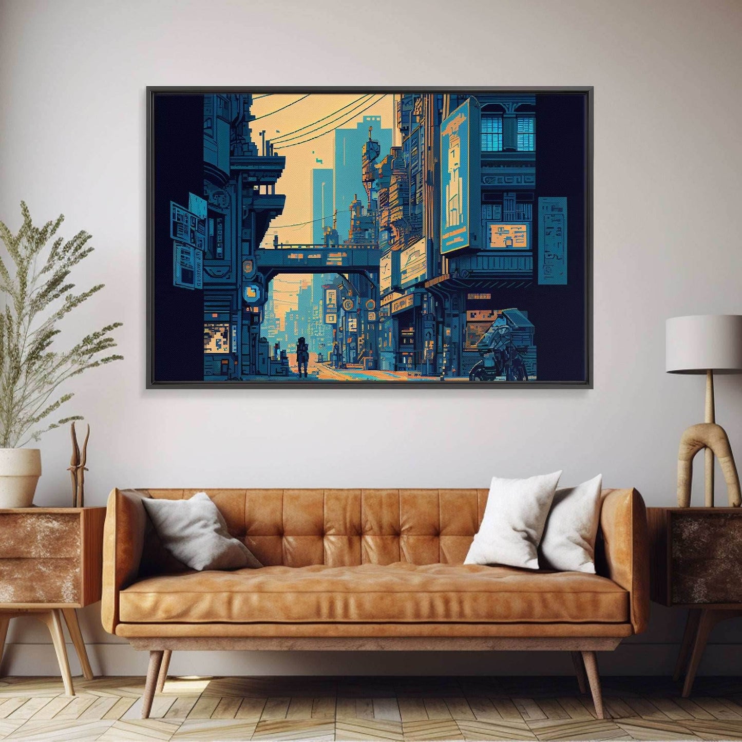 8 bit pixel art cyber punk city, video game concept art, framed canvas print, game room art - 8x12 Inches / Gallery Wrap Canvas - Ready To Hang