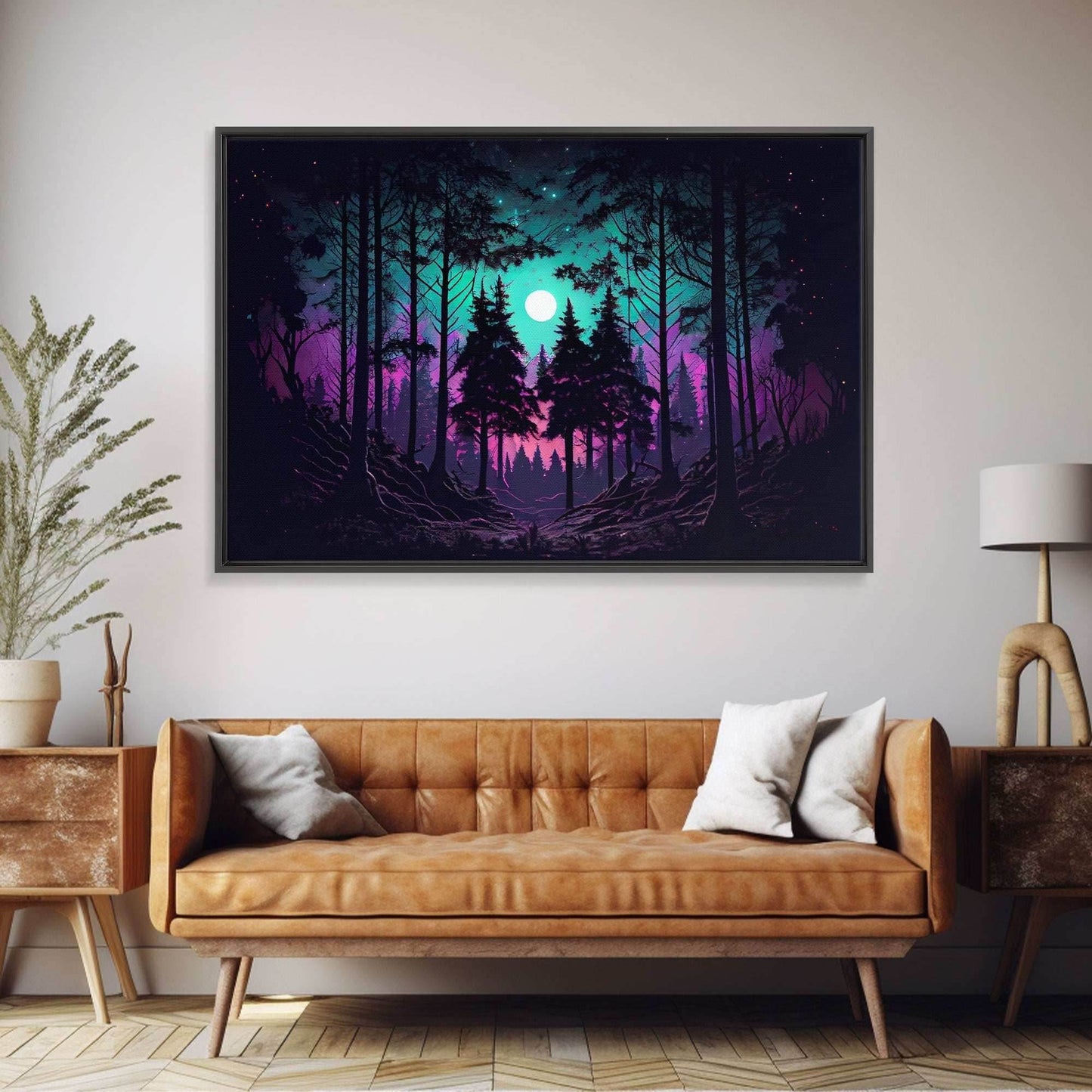 Fantasy forest art, full moon visible through the trees, framed canvas print, framed wall art - 8x12 Inches / Gallery Wrap Canvas - Ready To Hang