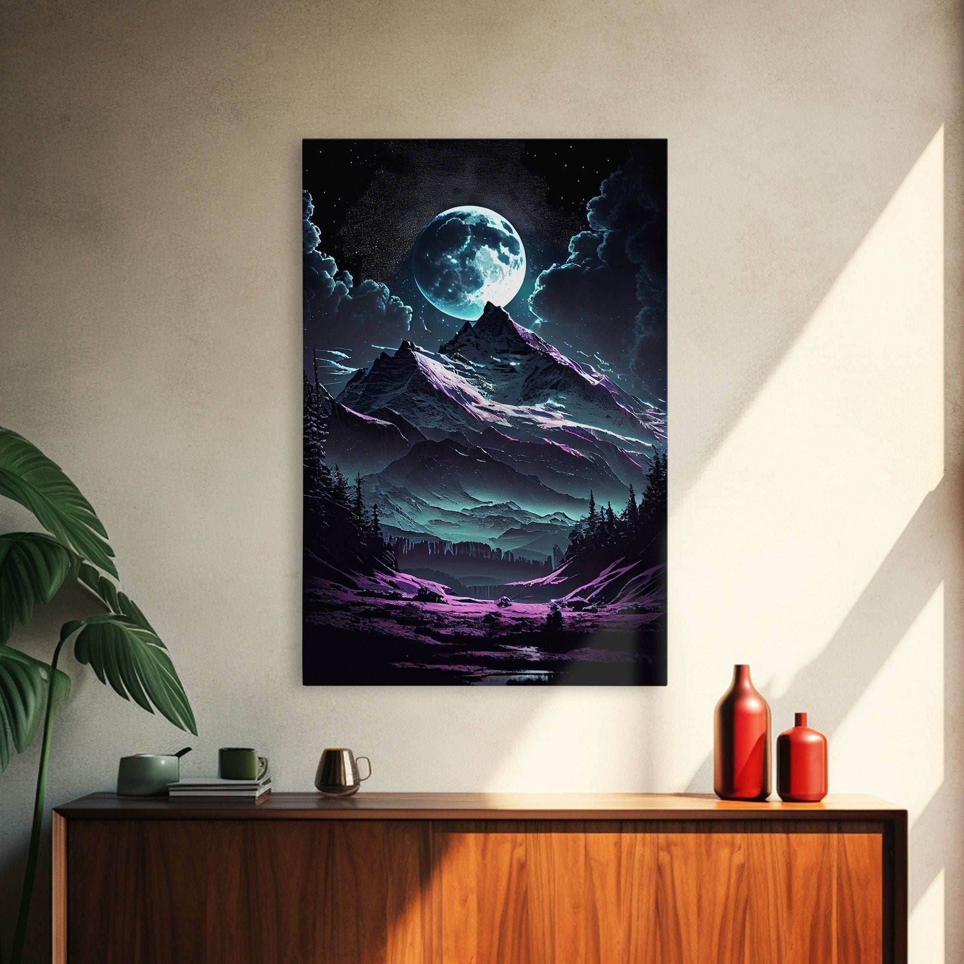 Mythical mountains fantasy art, framed canvas print, full moon over a mystical mountain landscape - 8x12 Inches / Gallery Wrap Canvas - Ready To Hang