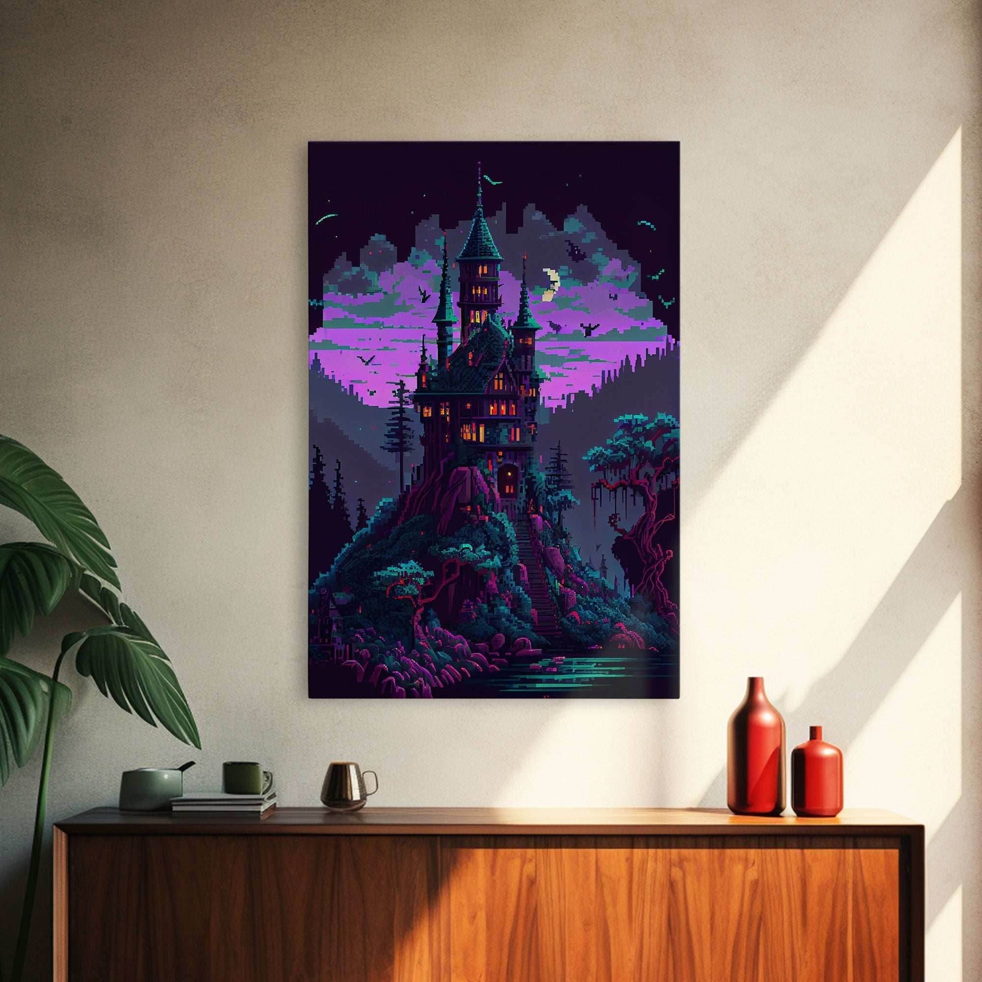Transylvania Art, Cool Medieval castle 8 bit pixel art, fantasy art, framed canvas print, Cool castle art - 8x12 Inches / Gallery Wrap Canvas - Ready To Hang