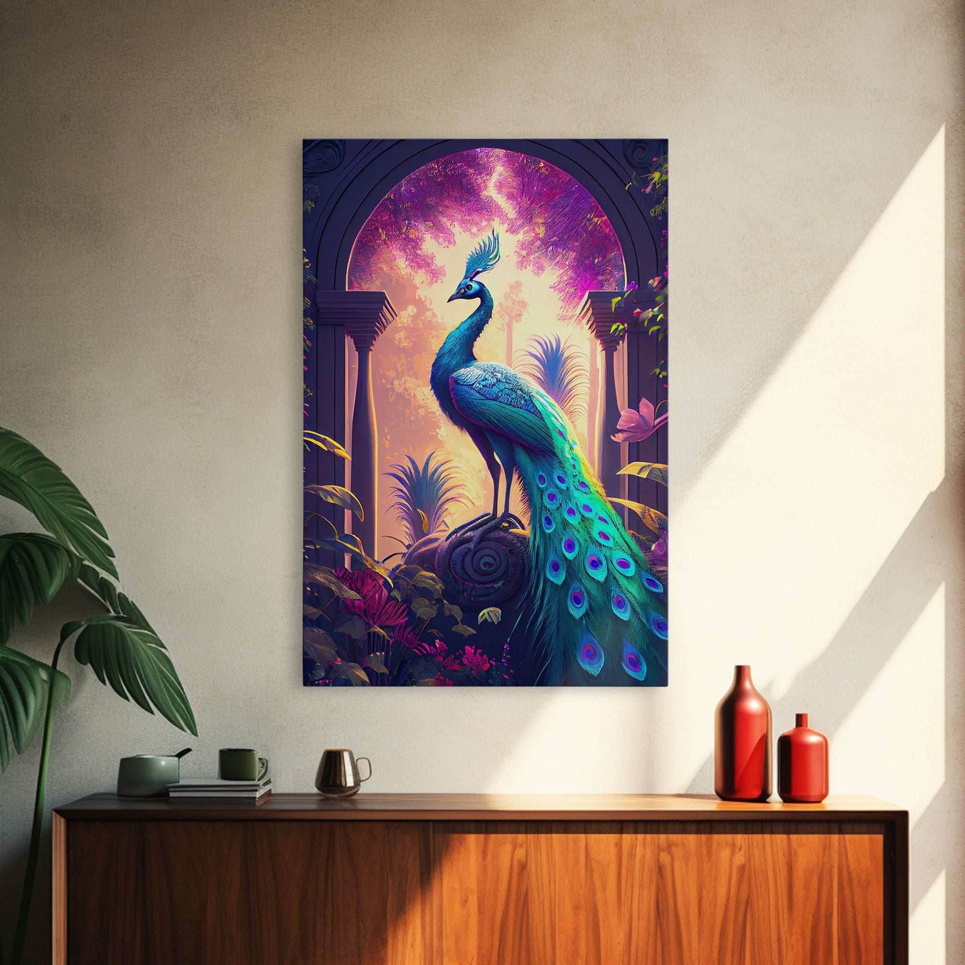 Turquoise peacock art, fantasy decor, framed canvas print - 8x12 Inches / Gallery Wrap Canvas - Ready To Hang