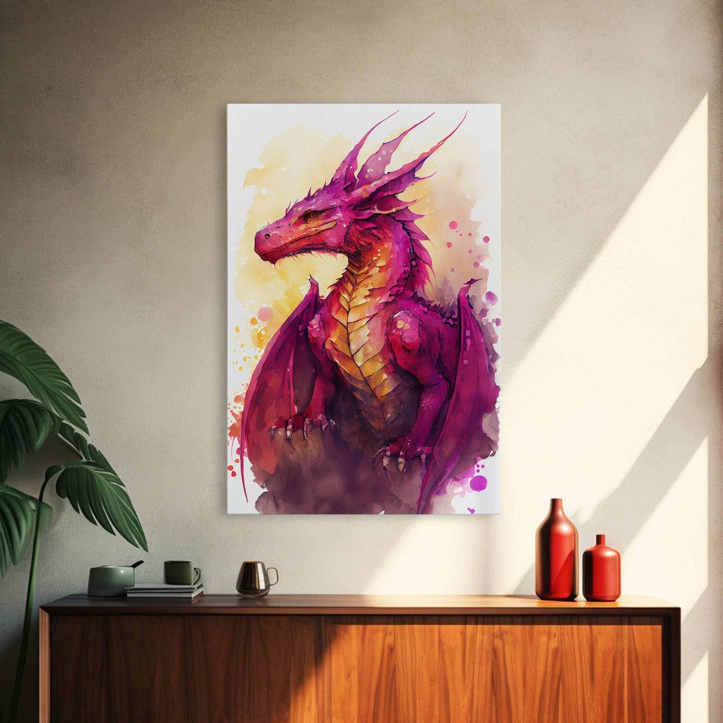 Magenta Purple Watercolor Dragon Fantasy Fine Art Print, Wall Decor, Wall Poster, Wall Art Print - 8x12 Inches / Gallery Wrap Canvas - Ready To Hang