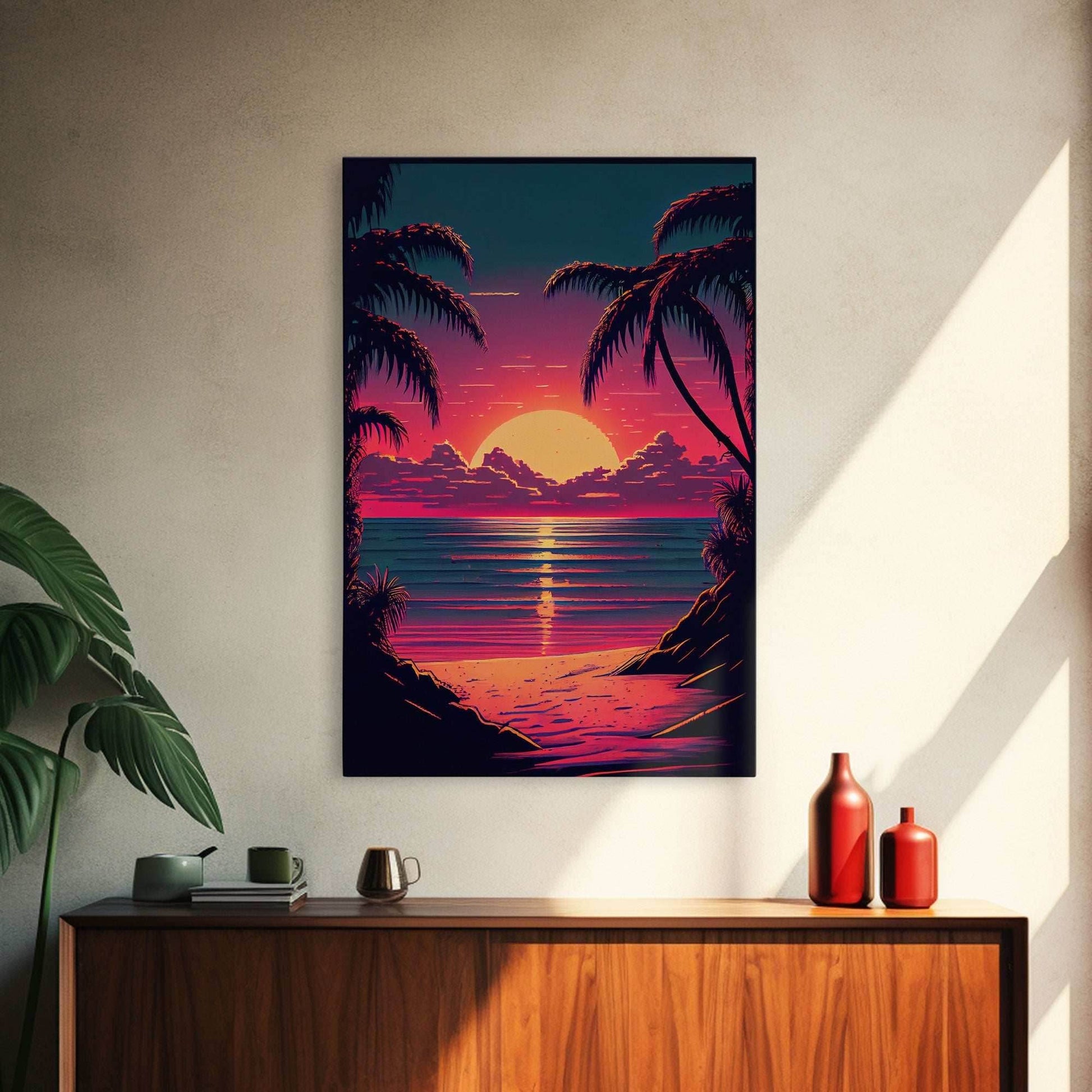 8 bit pixel art sunset, synthwave style palm tree beach, framed canvas print, framed wall art painting - 8x12 Inches / Gallery Wrap Canvas - Ready To Hang