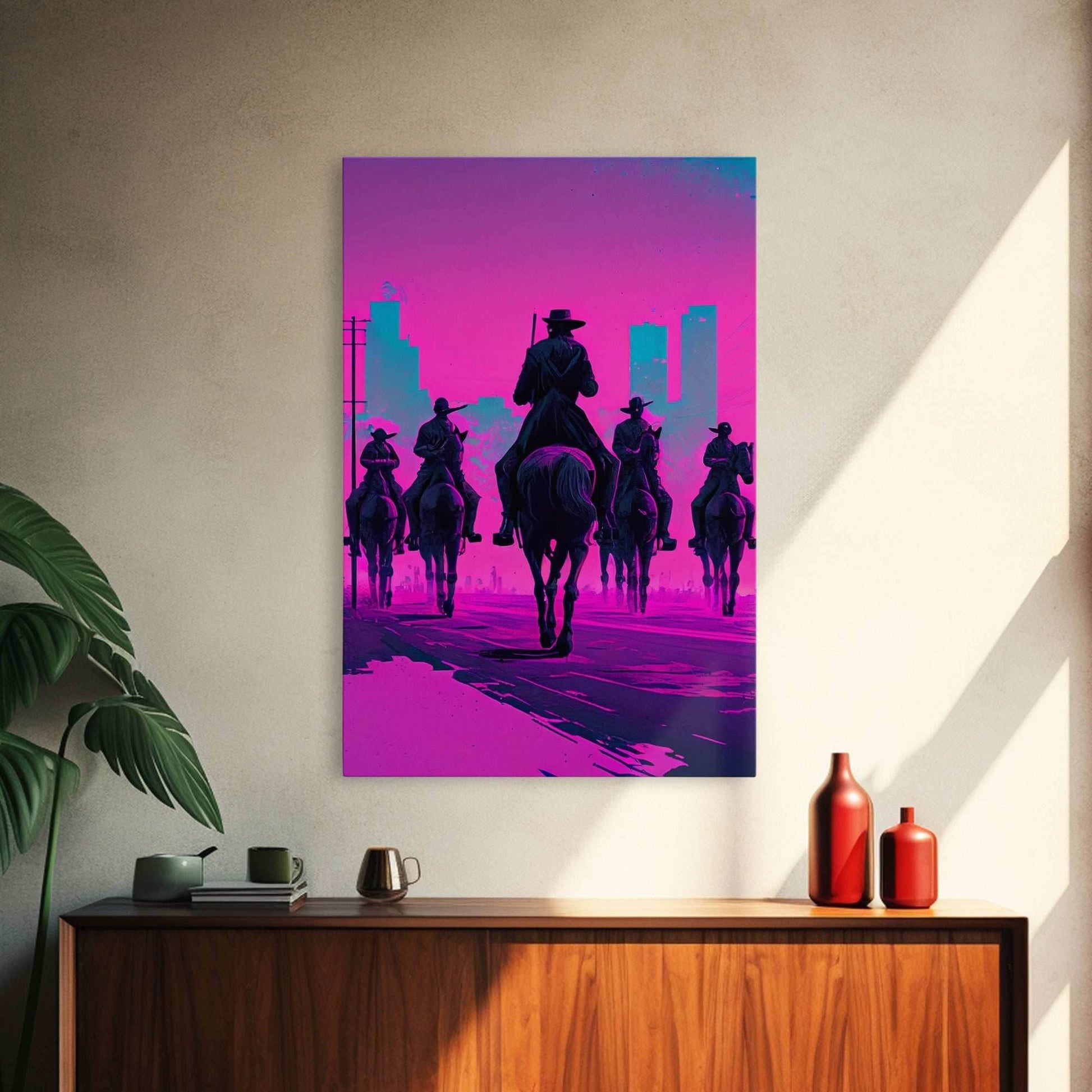 Post-Apocalyptic Cowboys, Vaporwave Aesthetic fantasy art, framed canvas print - 8x12 Inches / Gallery Wrap Canvas - Ready To Hang