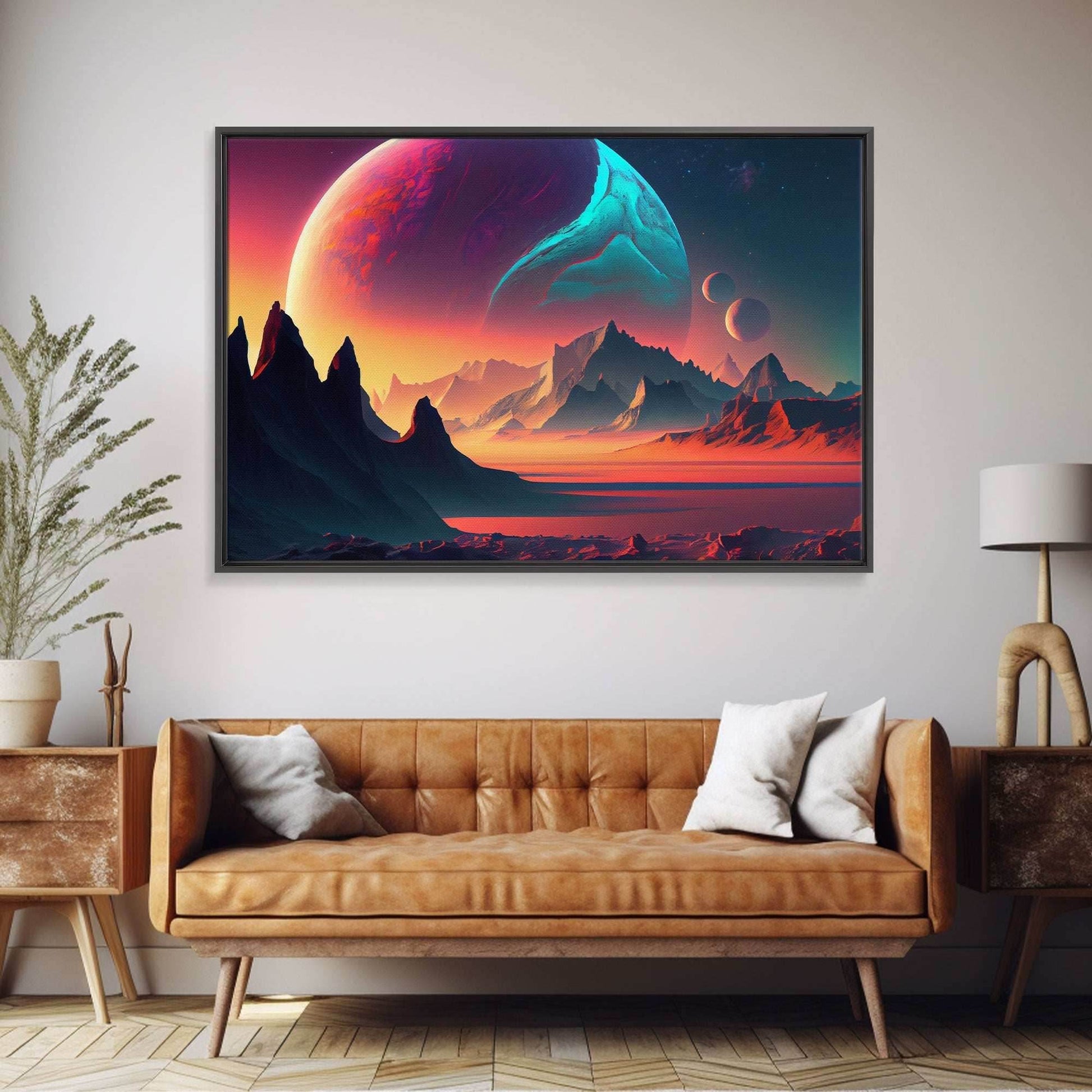 3 Moon Fantasy World, Retro Style Sci-Fi Art, Framed Canvas Print, Futuristic Art, Fantasy Decor - 8x12 Inches / Gallery Wrap Canvas - Ready To Hang