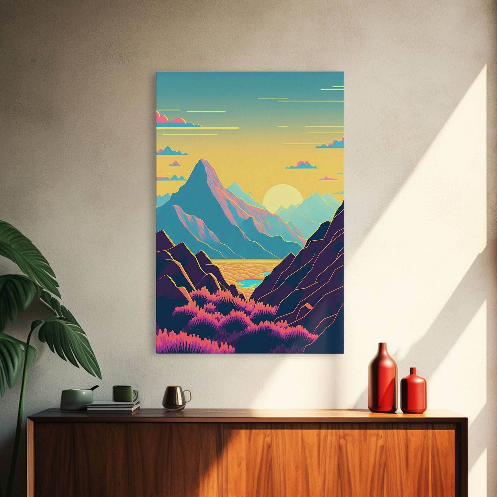 Peach Sunset, Fantasy Mountain Landscape Art, Framed Canvas Print, Minimalist Art Deco Inspired Wall Art - 8x12 Inches / Gallery Wrap Canvas - Ready To Hang