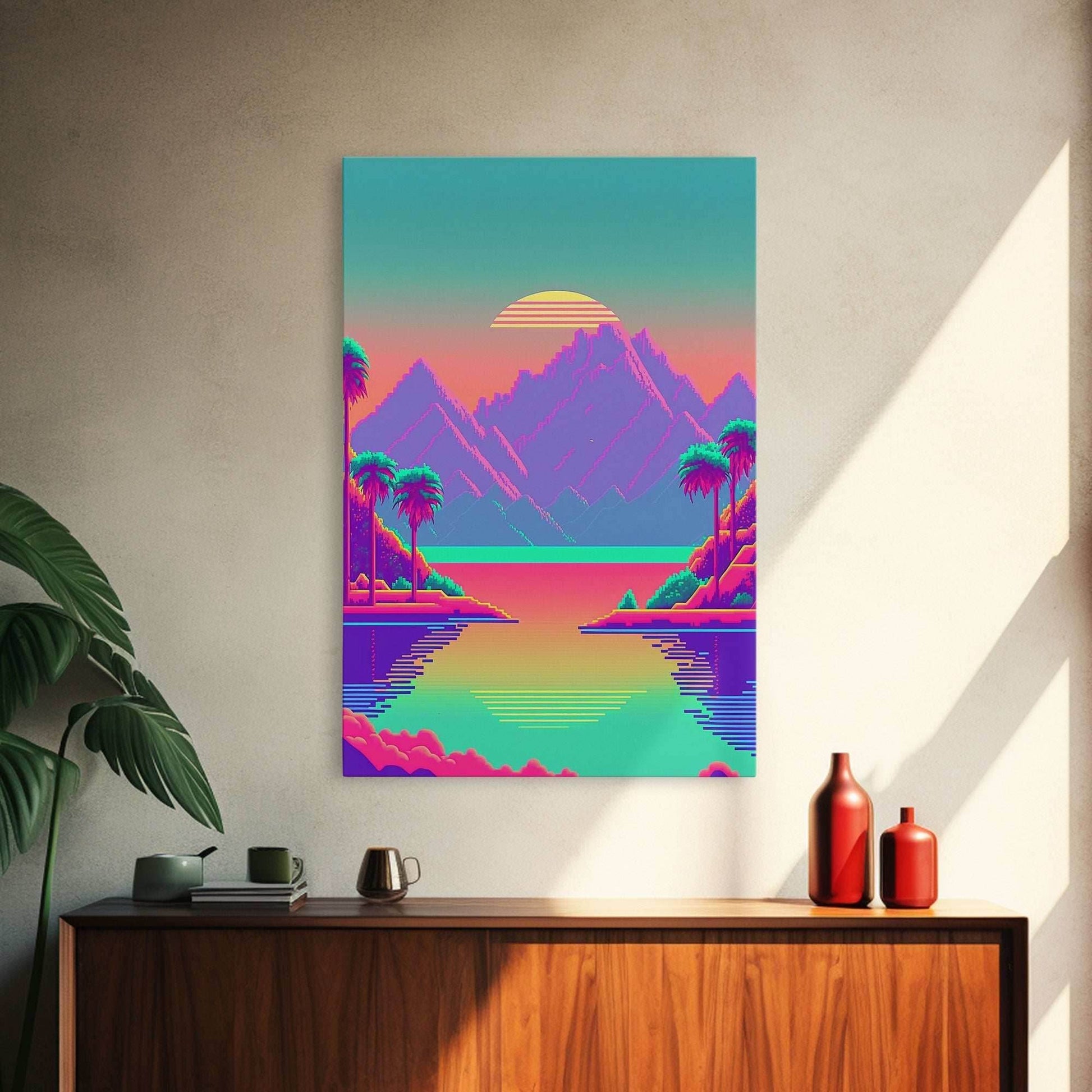 Retro Vaporwave Aesthetic Pixel Art Sunset, Turquoise and Pink Fantasy Landscape Art, Gamer Decor, Game Room Art - 8x12 Inches / Gallery Wrap Canvas - Ready To Hang