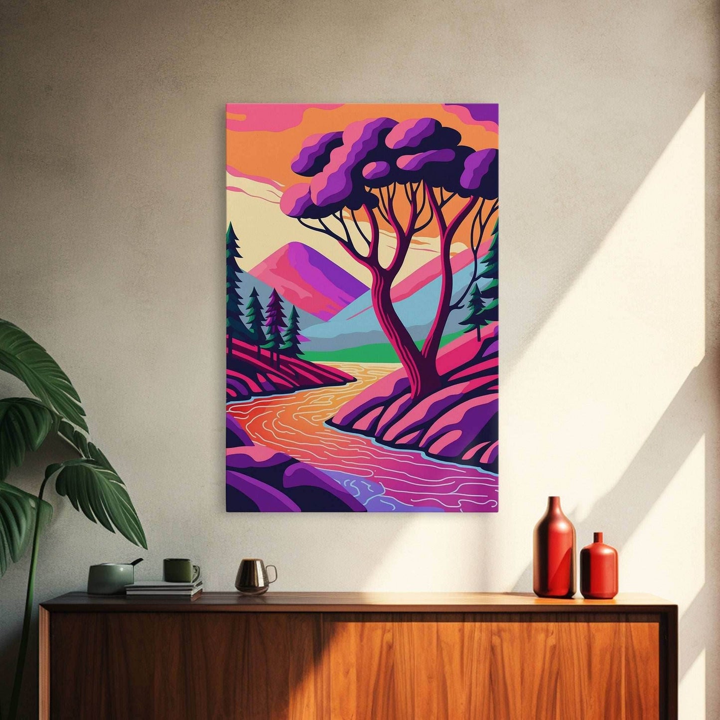 Surrealist Pop Art, Pink Fantasy Landscape Art, Framed Canvas Print - 8x12 Inches / Gallery Wrap Canvas - Ready To Hang