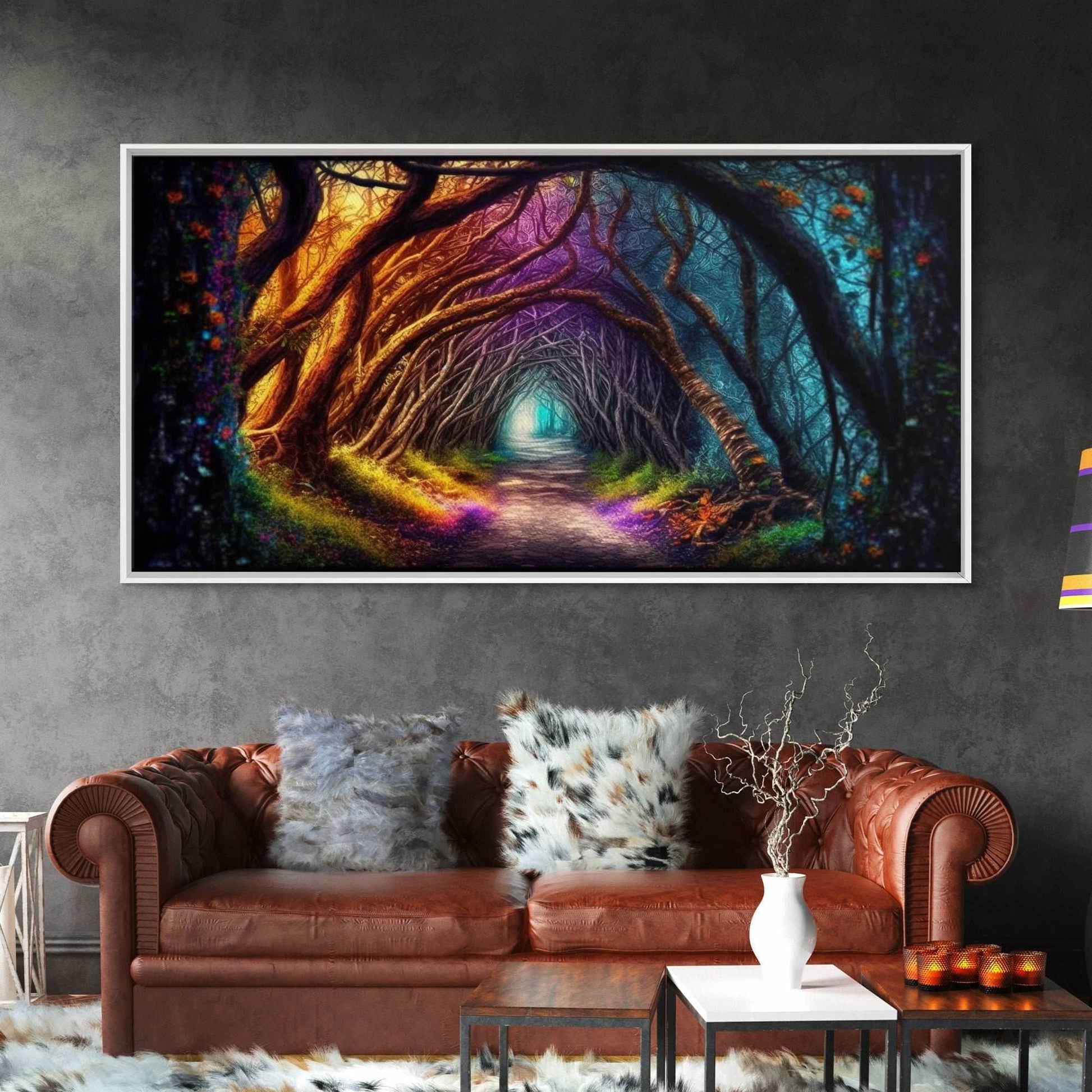 Secret Path, Fantasy Art, Pop Art Forest Landscape, Framed Canvas Print, Colorful Forest Painting, Living Room Art, Glowing Magical Forest - 10x20 Inches / Gallery Wrap Canvas - Ready To Hang