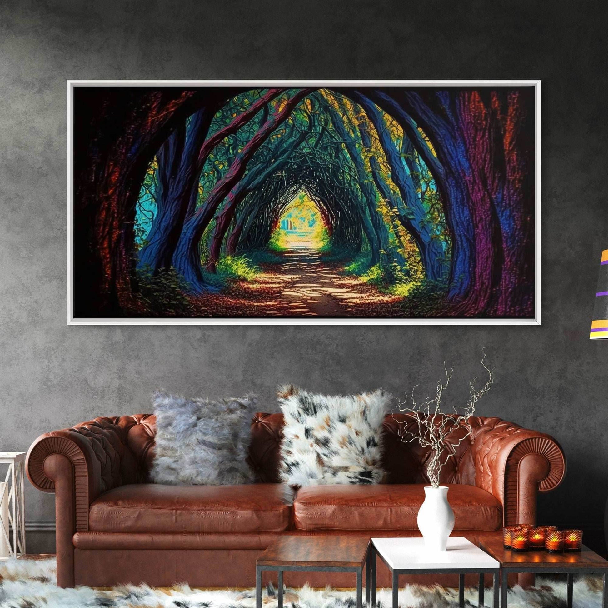 The Path through The Trees, Fantasy Art, Framed Canvas Print, RPG concept Art, Magical glowing forest - 10x20 Inches / Gallery Wrap Canvas - Ready To Hang