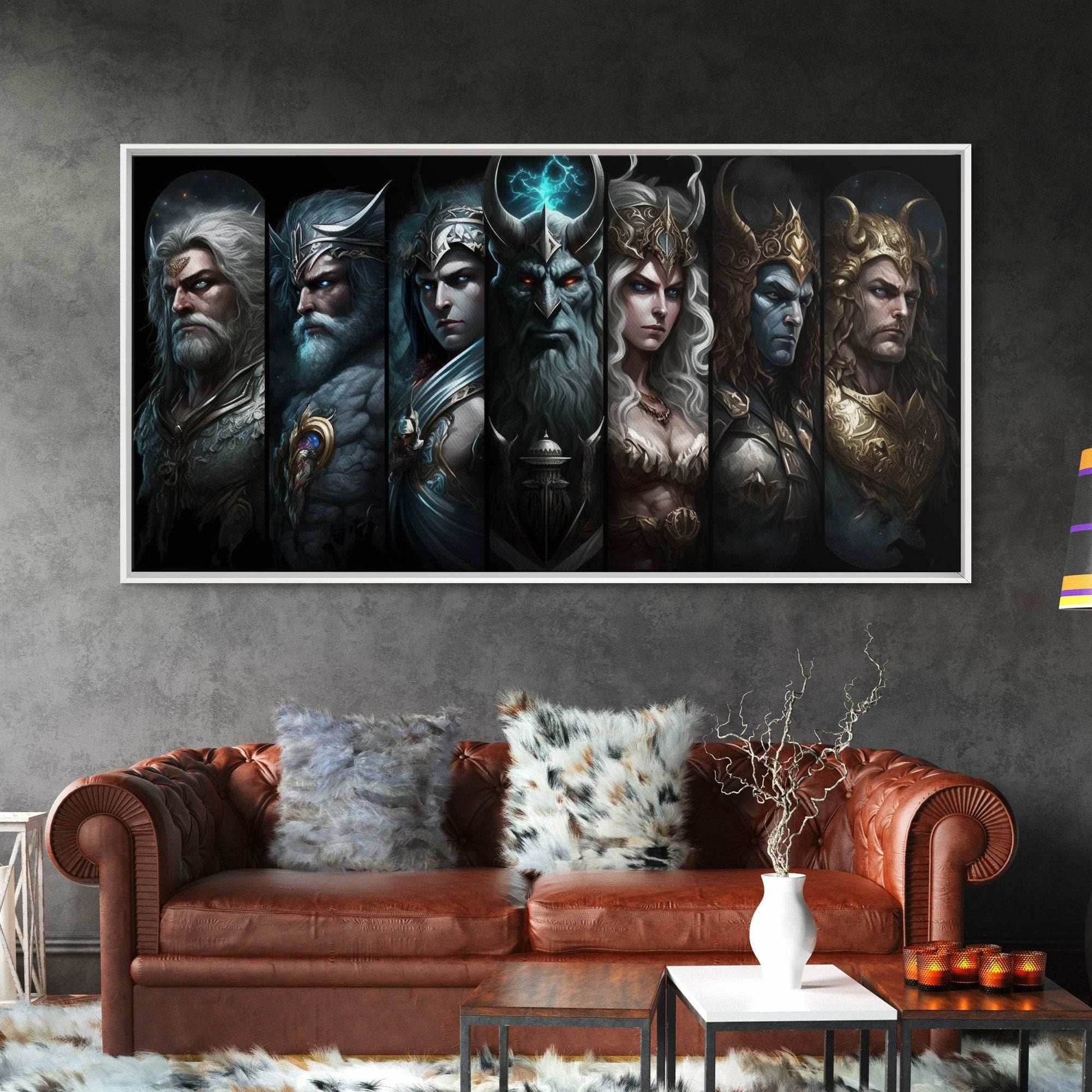 The Æsir, Aesir, Old Norse Gods, Framed Canvas Print, Norse Mythology, Scandinavian Mythology Fantasy Art - 10x20 Inches / Gallery Wrap Canvas - Ready To Hang