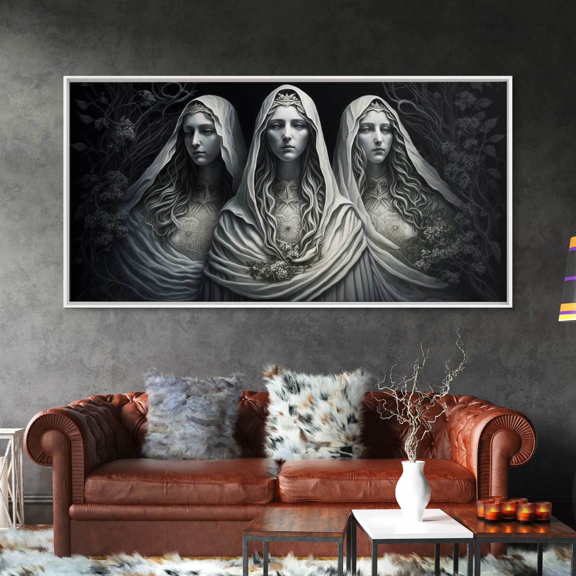 The Norns, Norse Mythology, Weavers of Fate, Framed Canvas Print, Urðr, Verðandi, and Skuld, Black and White Norse Fantasy Art - 10x20 Inches / Gallery Wrap Canvas - Ready To Hang