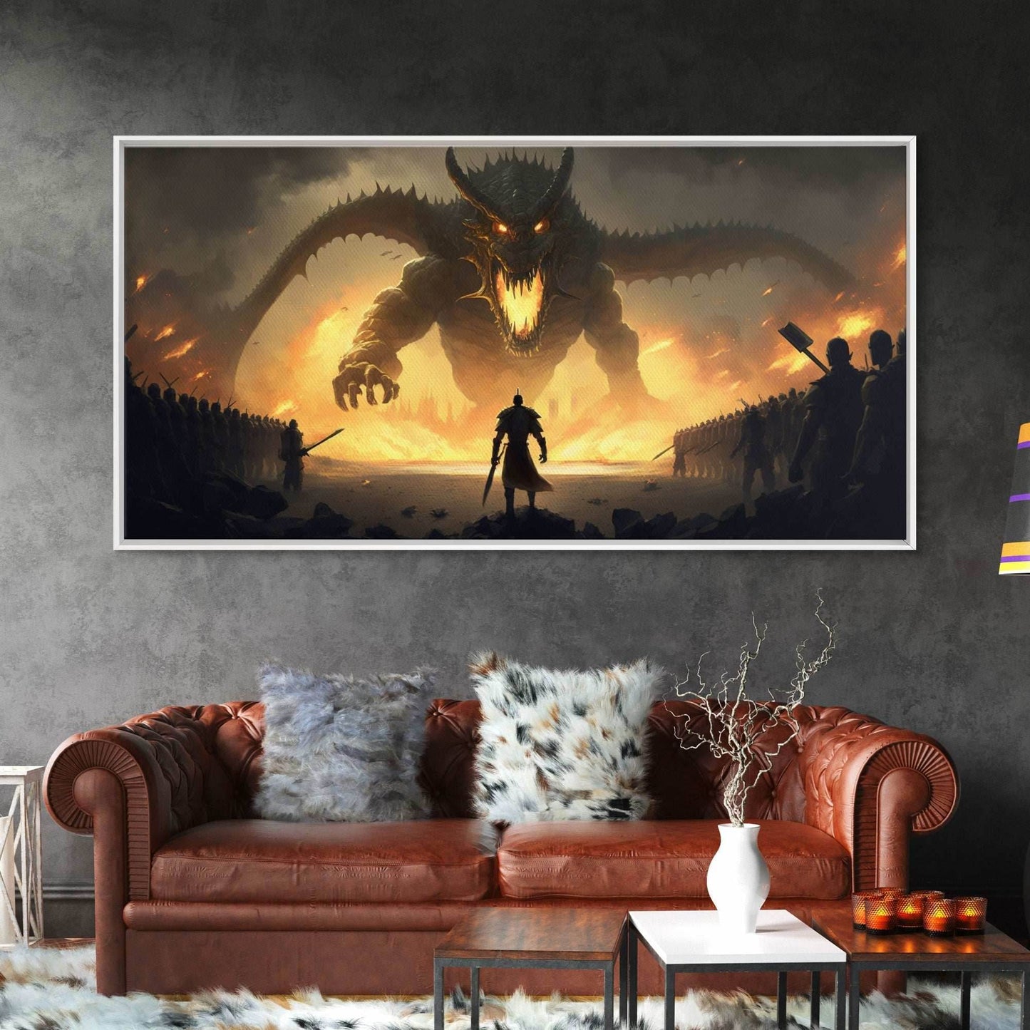 Warrior Facing Down a Dragon, Framed Canvas Print, Unique Fantasy Wall Art, In The Time of Dragons - 10x20 Inches / Gallery Wrap Canvas - Ready To Hang