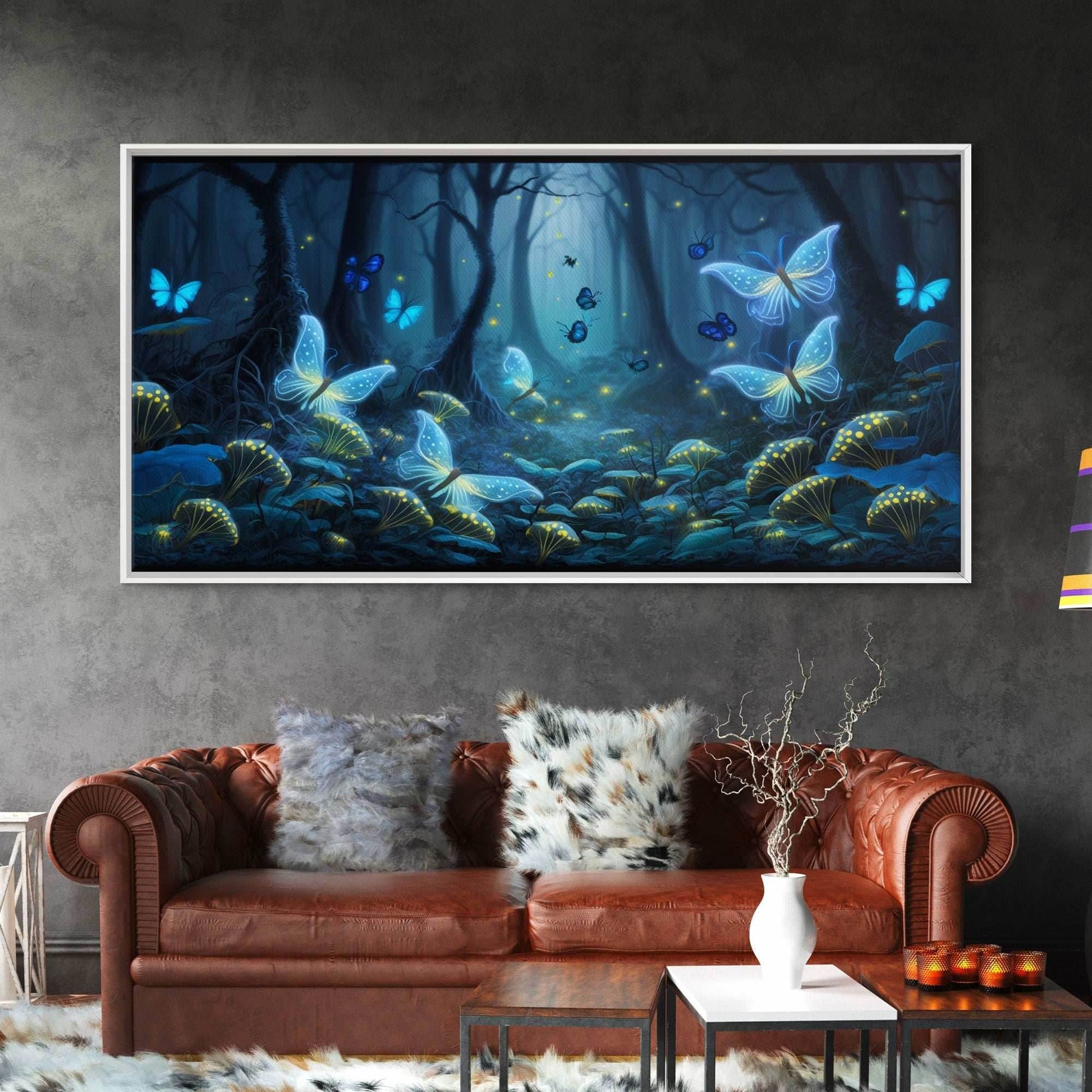 Magical Enchanted Fairy Forest, Fantasy Art, Framed Canvas Print, Bioluminescent Butterflies in an Enchanted Forest, Glowing Art - 10x20 Inches / Gallery Wrap Canvas - Ready To Hang