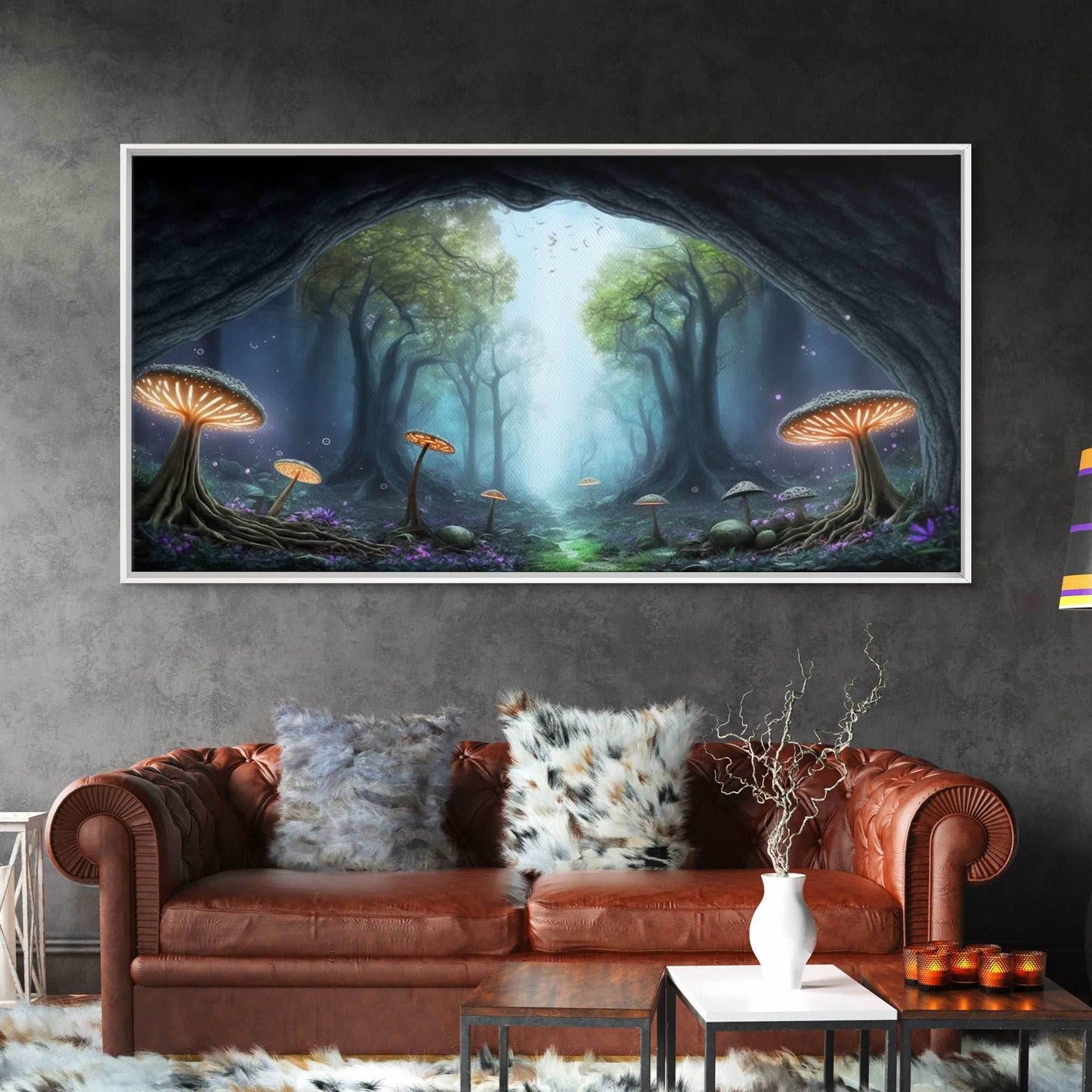 Magical Enchanted Mushroom Forest, Fantasy Art, Framed Canvas Print, Bioluminescent Butterflies in an Enchanted Forest, Glowing Art - 10x20 Inches / Gallery Wrap Canvas - Ready To Hang