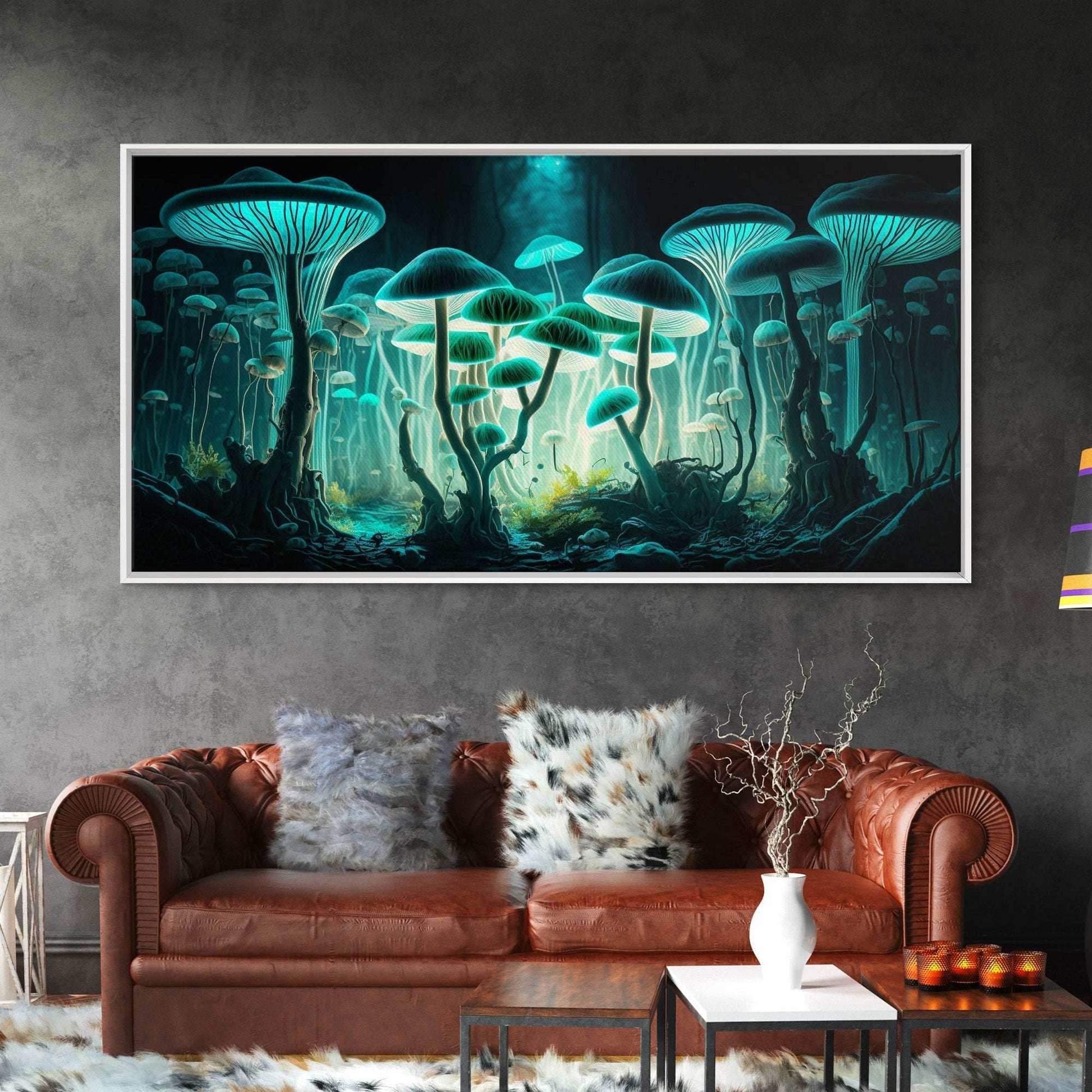 The Forest Floor, Framed Canvas Print, Glowing Mushrooms, Bioluminescent Mushroom Art, Color fantasy wall art - 10x20 Inches / Gallery Wrap Canvas - Ready To Hang