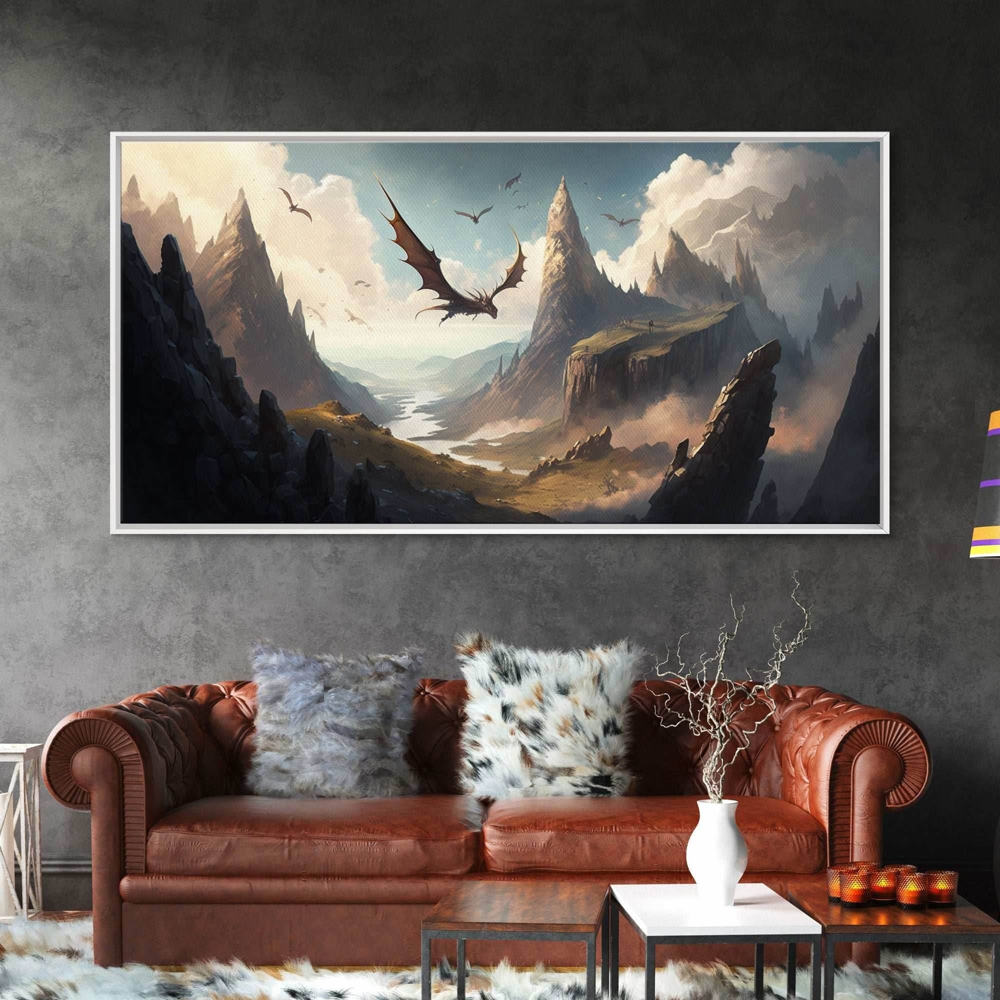 Dragons in Flight Over a Valley, Fantasy Art, Framed Canvas Print, Medieval Fantasy Art, Fire breathing dragons - 10x20 Inches / Gallery Wrap Canvas - Ready To Hang