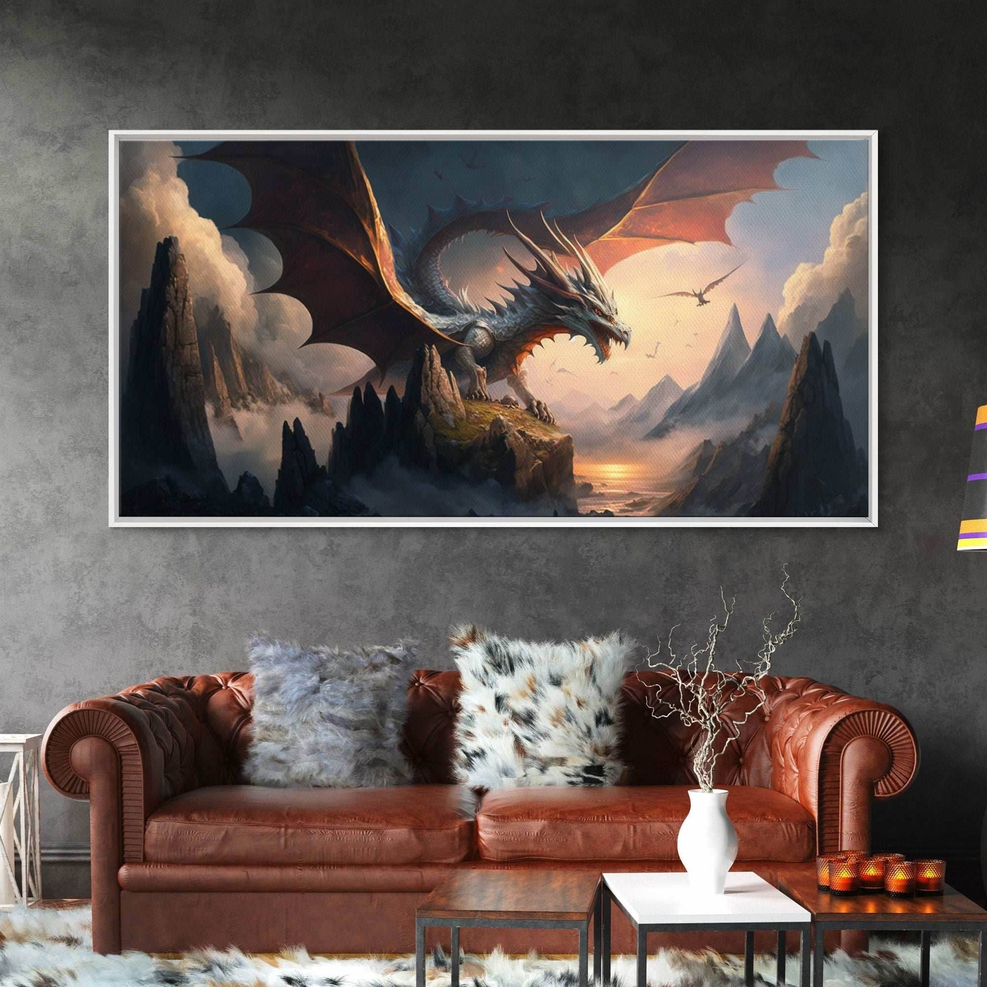 White Dragon on a Mountain Top, Fantasy Art, Framed Canvas Print, Medieval Fantasy Art, Fire breathing dragons - 10x20 Inches / Gallery Wrap Canvas - Ready To Hang