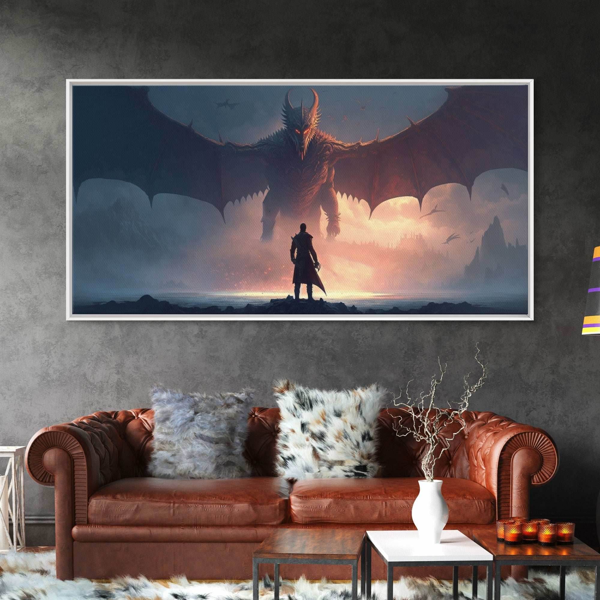 Warrior Facing Down a Dragon, Framed Canvas Print, Unique Fantasy Wall Art, In The Time of Dragons - 10x20 Inches / Gallery Wrap Canvas - Ready To Hang