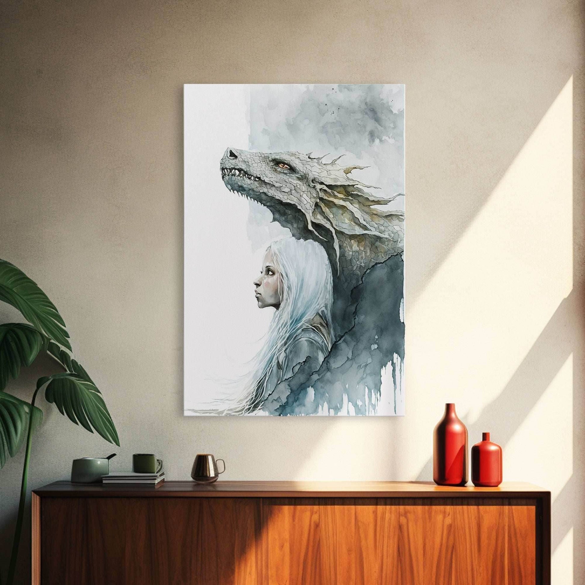 The Girl and Her Dragon, Wall Art, Fantasy Art, Art Print, Framed Canvas Art, Canvas Print, Gamer Decor, Gamer Girl Gift - 8x12 Inches / Gallery Wrap Canvas - Ready To Hang