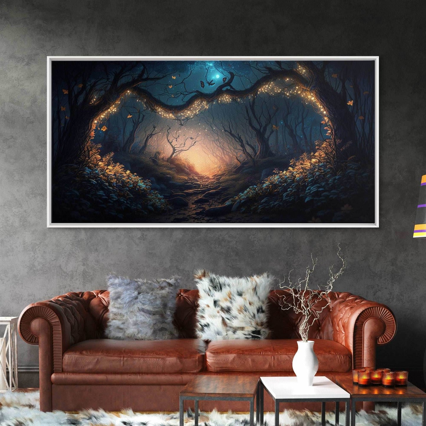 Wreath of Fireflies, Beautiful Fantasy Art, Framed Canvas Print, Moonlit Forest Floor Fantasy Concept Art - 10x20 Inches / Gallery Wrap Canvas - Ready To Hang