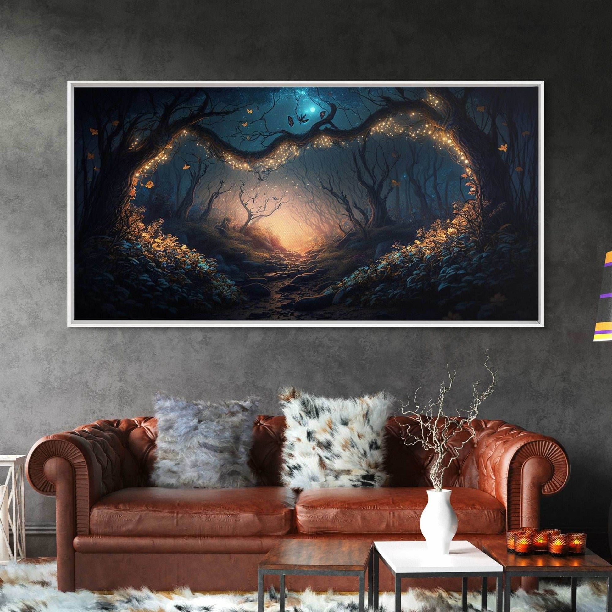 Wreath of Fireflies, Beautiful Fantasy Art, Framed Canvas Print, Moonlit Forest Floor Fantasy Concept Art - 10x20 Inches / Gallery Wrap Canvas - Ready To Hang