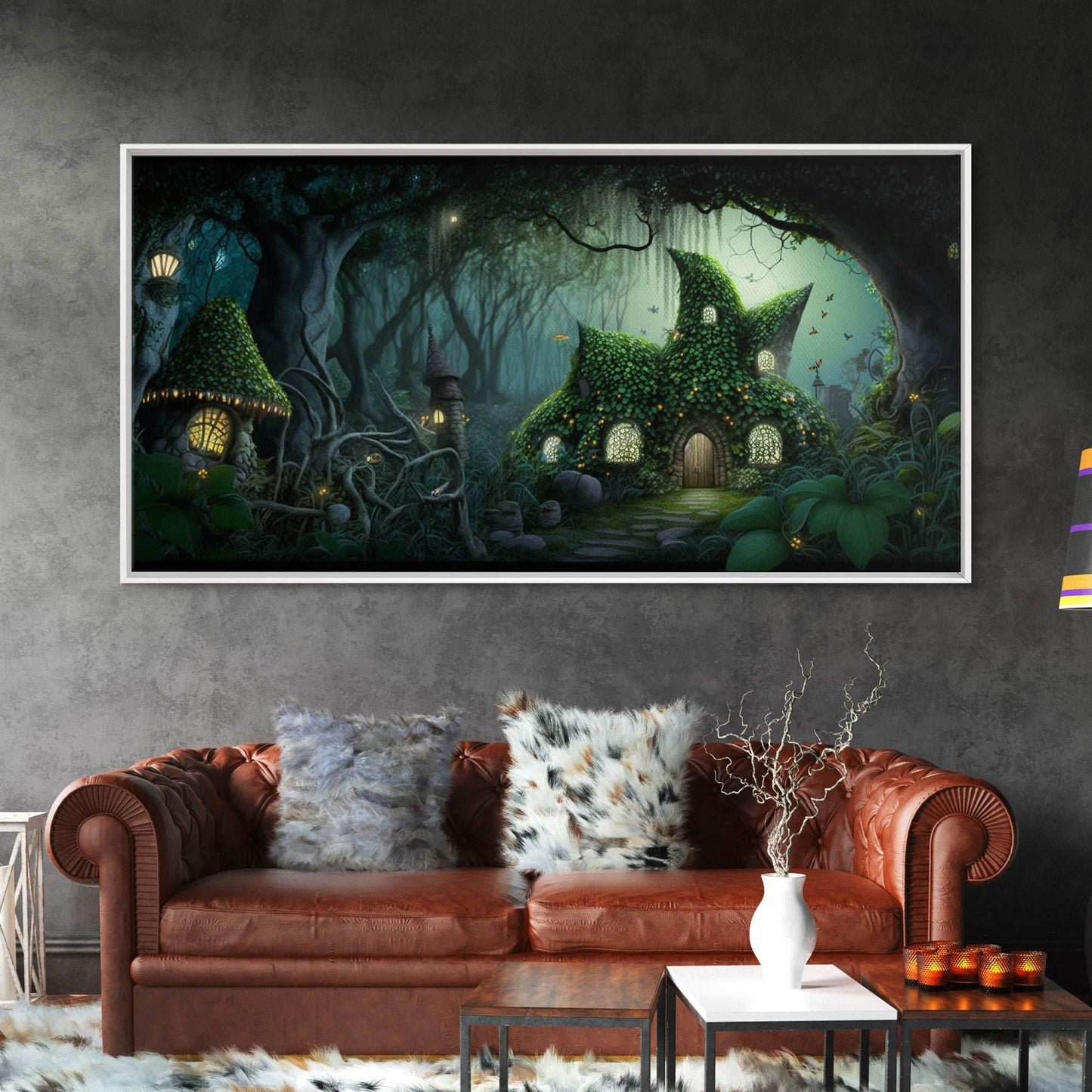 Gnome City, Wall Art, Fantasy Canvas Print, Framed Art, Tiny Gnome Houses On The Forest Floor - 10x20 Inches / Gallery Wrap Canvas - Ready To Hang