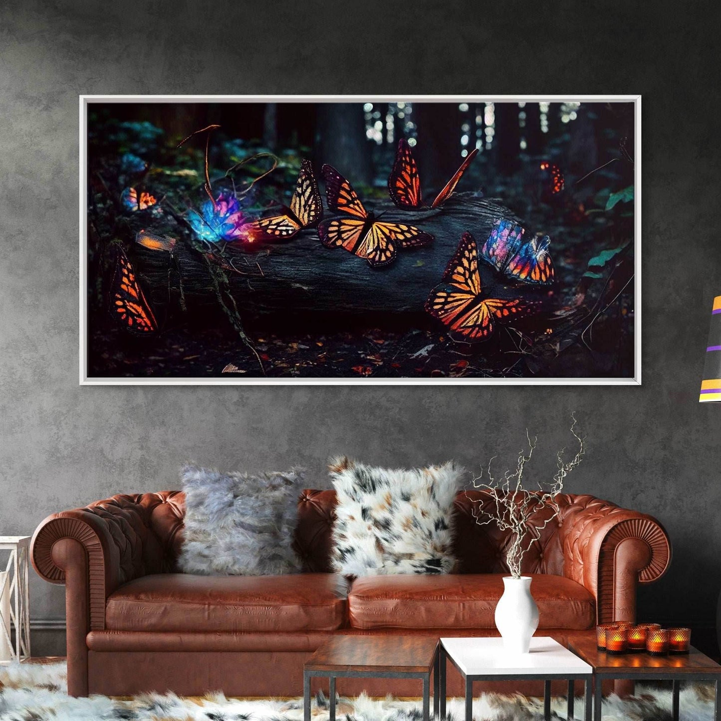 Glowing butterflies, fantasy forest wall art, framed canvas print, mother's day, mom gift, monarch butterflies - 10x20 Inches / Gallery Wrap Canvas - Ready To Hang